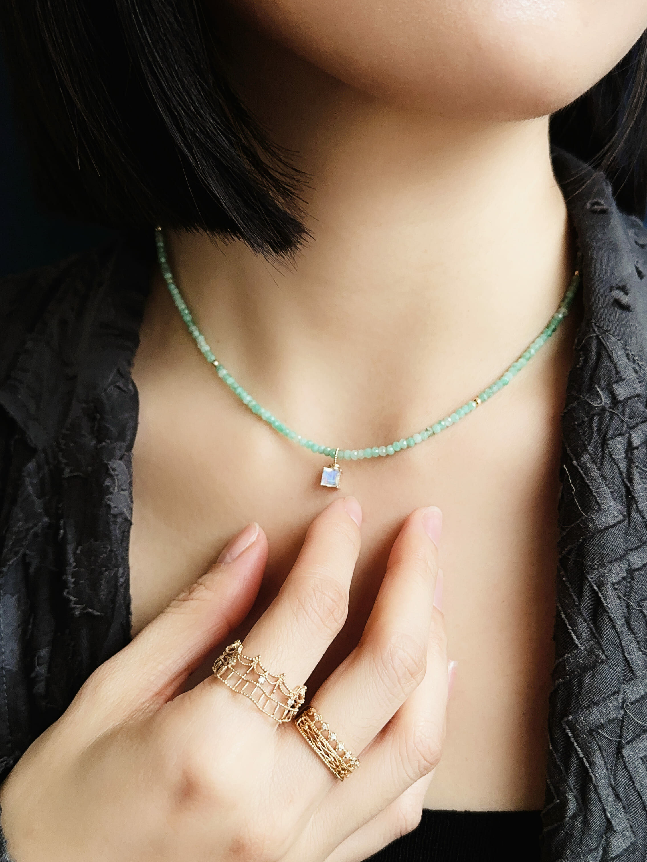 穗花T扣項鍊｜祖母綠