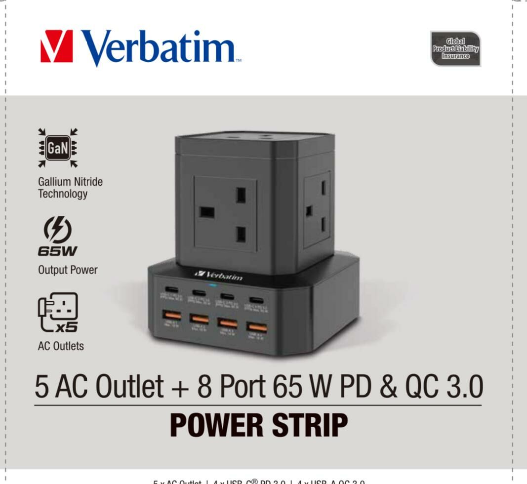 Verbatim Power Strip 4 Sockets 65W 8 Ports UK Type Vertical