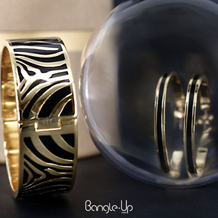 法國 Bangle Up ZEBRA 整圈釦式鍍金琺瑯手環 斑馬紋 20mm 黑