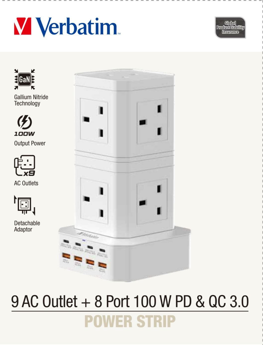 Verbatim Power Strip 8 Sockets 100W 8 Ports UK Type Vertical