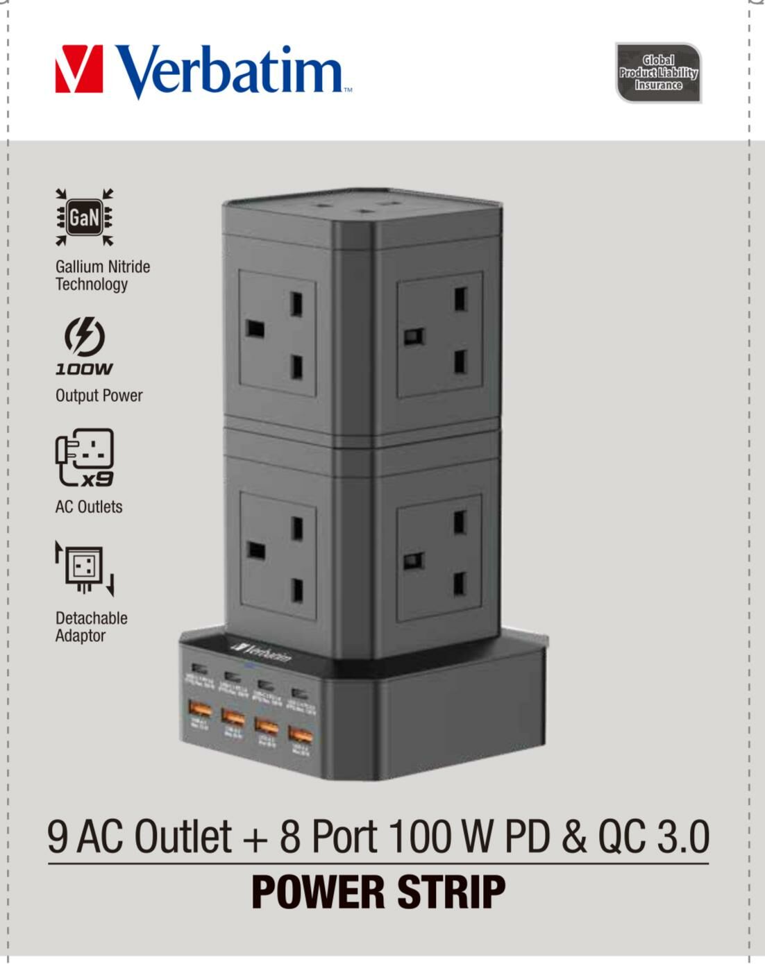 Verbatim Power Strip 8 Sockets 100W 8 Ports UK Type Vertical