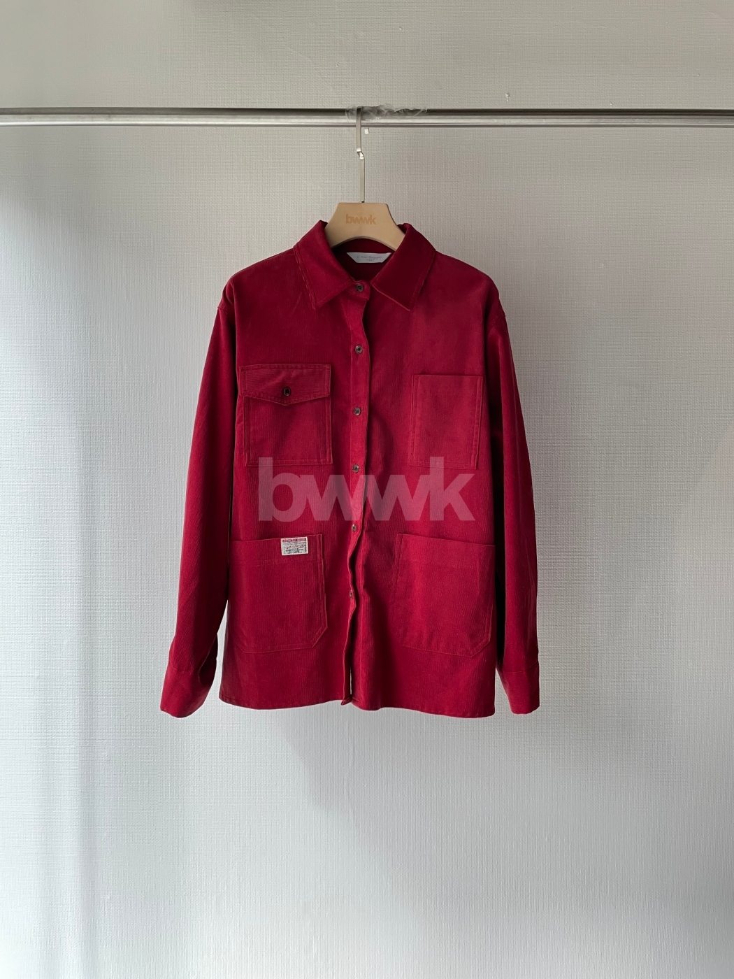 口袋工裝燈心絨襯衫-莓紅