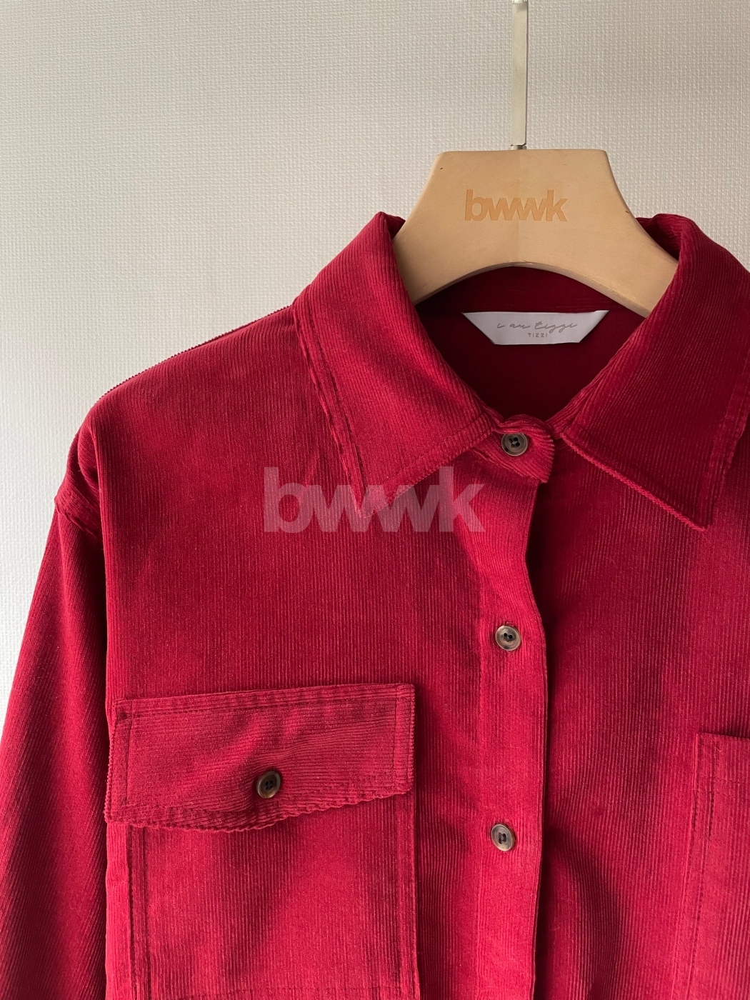 口袋工裝燈心絨襯衫-莓紅