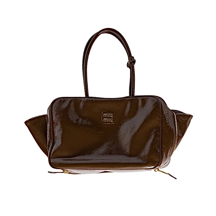 MIU MIU Beau 皺漆皮手袋紅木色