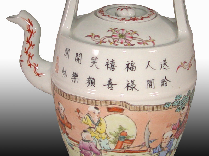 鹿港窯|居家風水擺件|粉彩瓷戲嬰圖百福壺|仿康熙藝術品