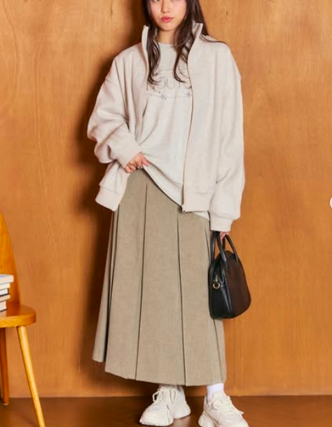 ｛Special Price} 米灰色箱形褶皺紋理面料長裙【日本直送】