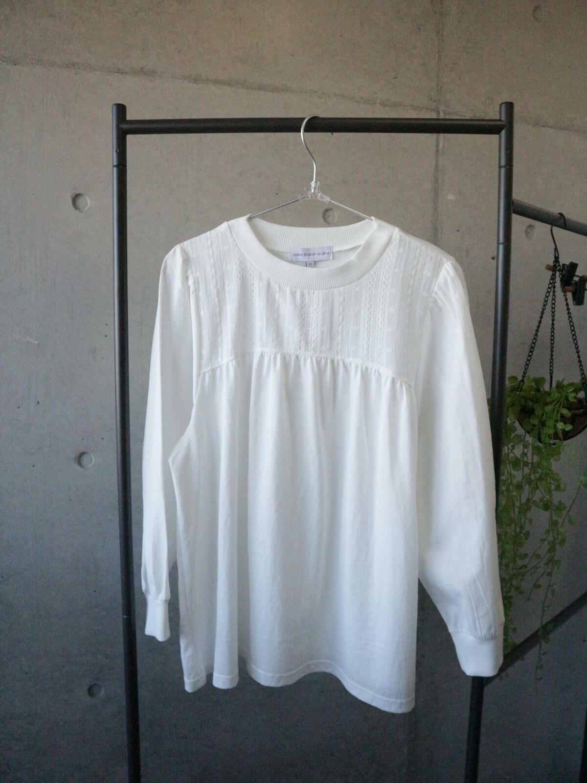 白色長袖刺繡雙重材質拼接上衣【日本直送】