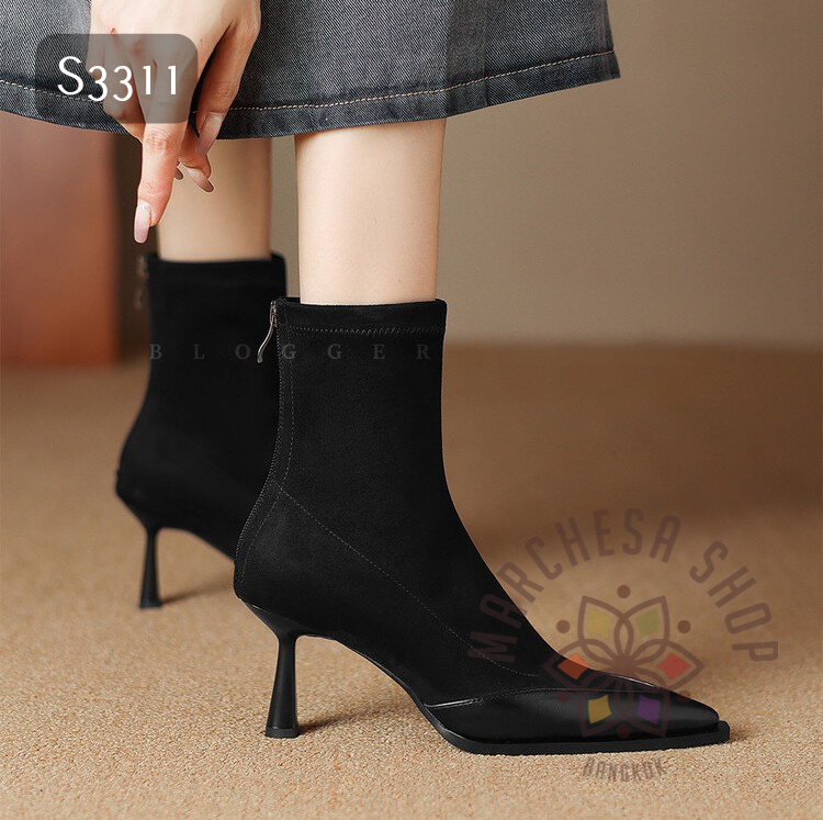 S3311 - 全真皮羊猄拼皮簡約尖頭高踭短靴
