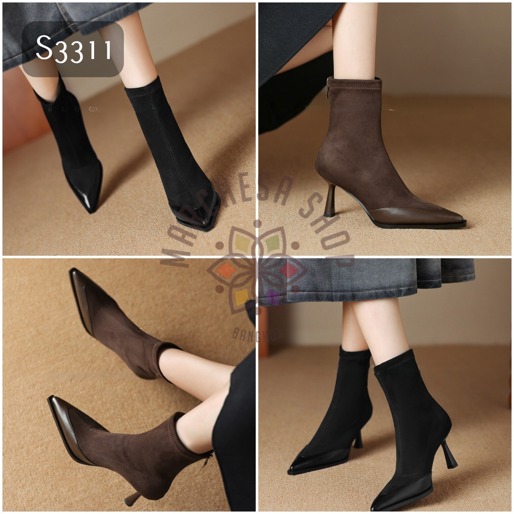 S3311 - 全真皮羊猄拼皮簡約尖頭高踭短靴