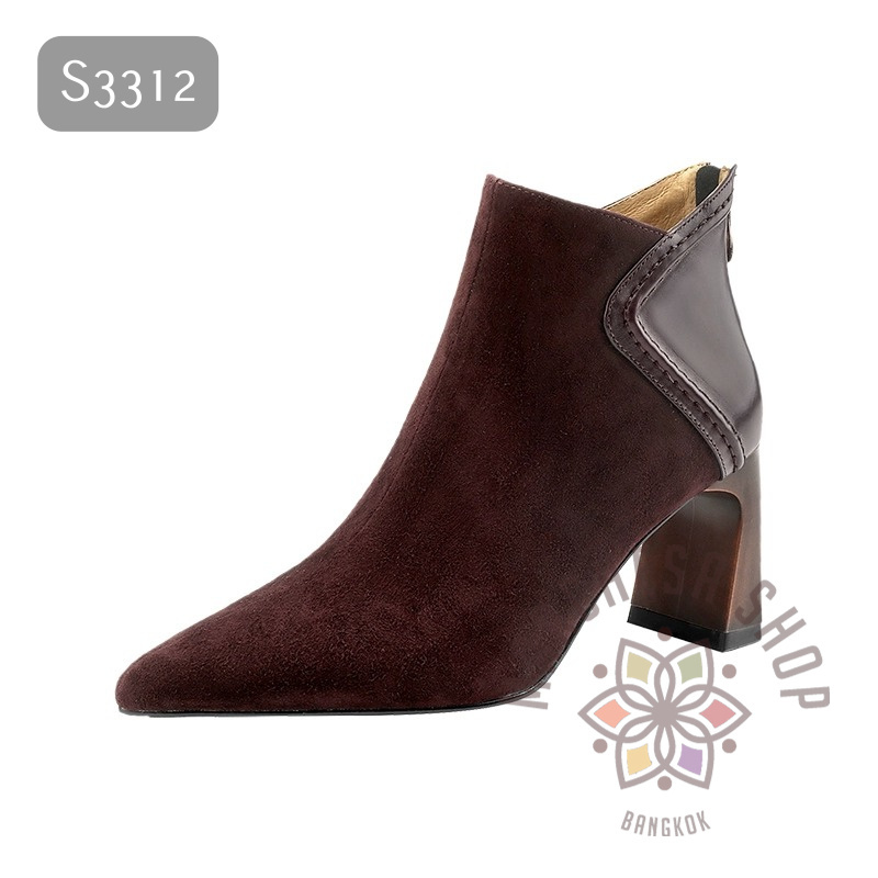 S3312 - 全真皮羊猄拼皮V口車綫尖頭高踭踝靴