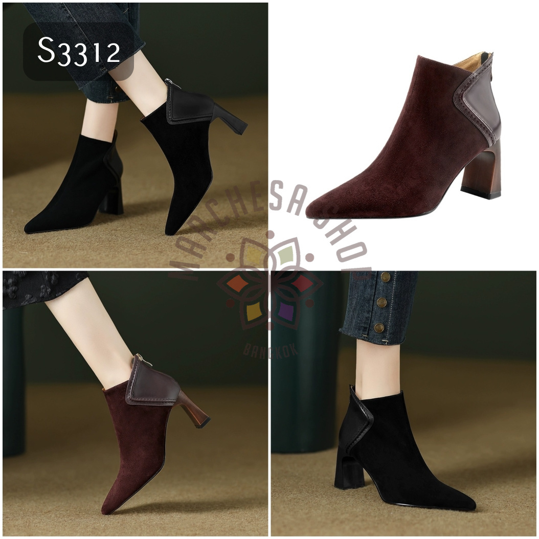 S3312 - 全真皮羊猄拼皮V口車綫尖頭高踭踝靴