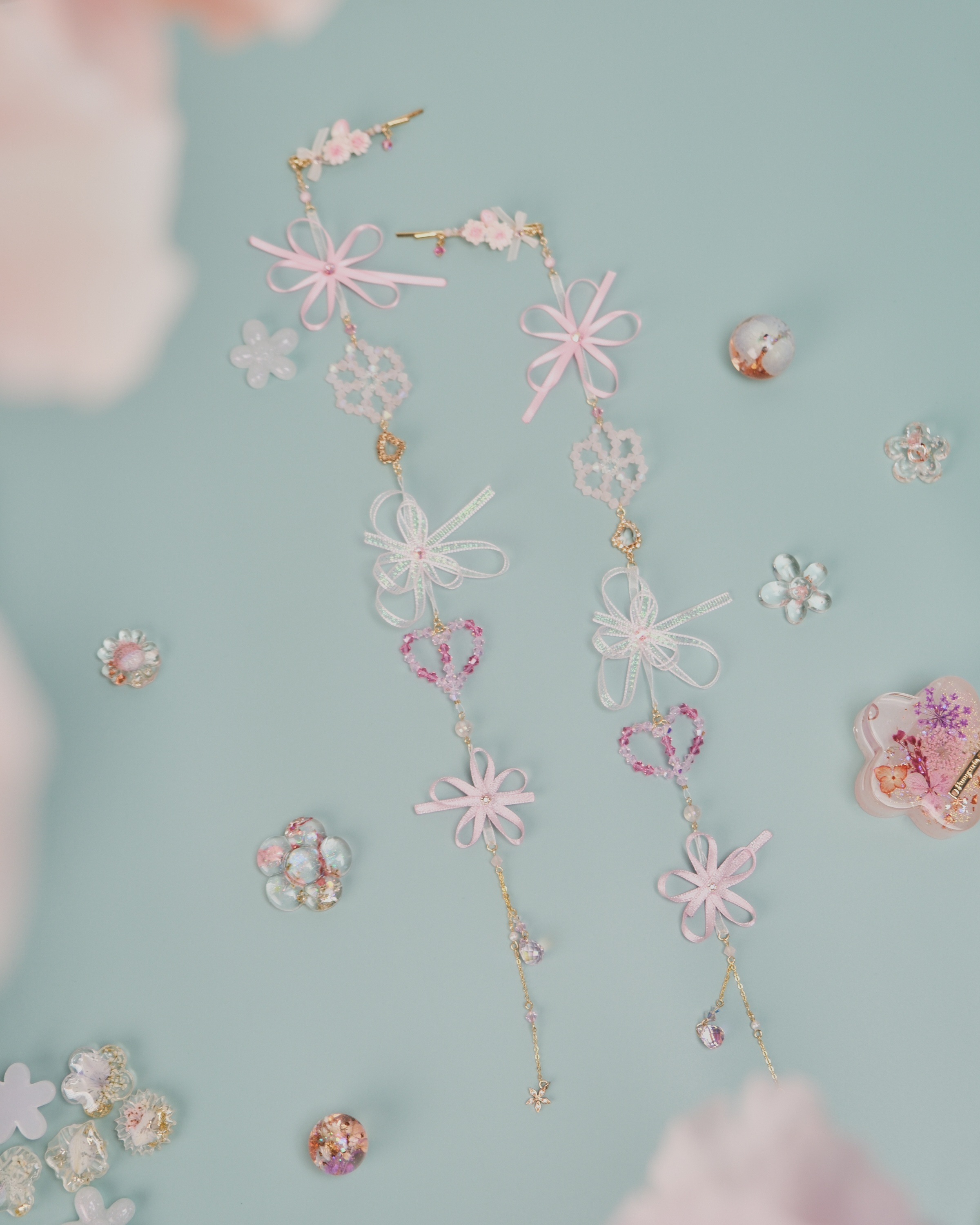 11455 Beaded Crystal Ribbon Flower 2-Way Bobby Pin Set