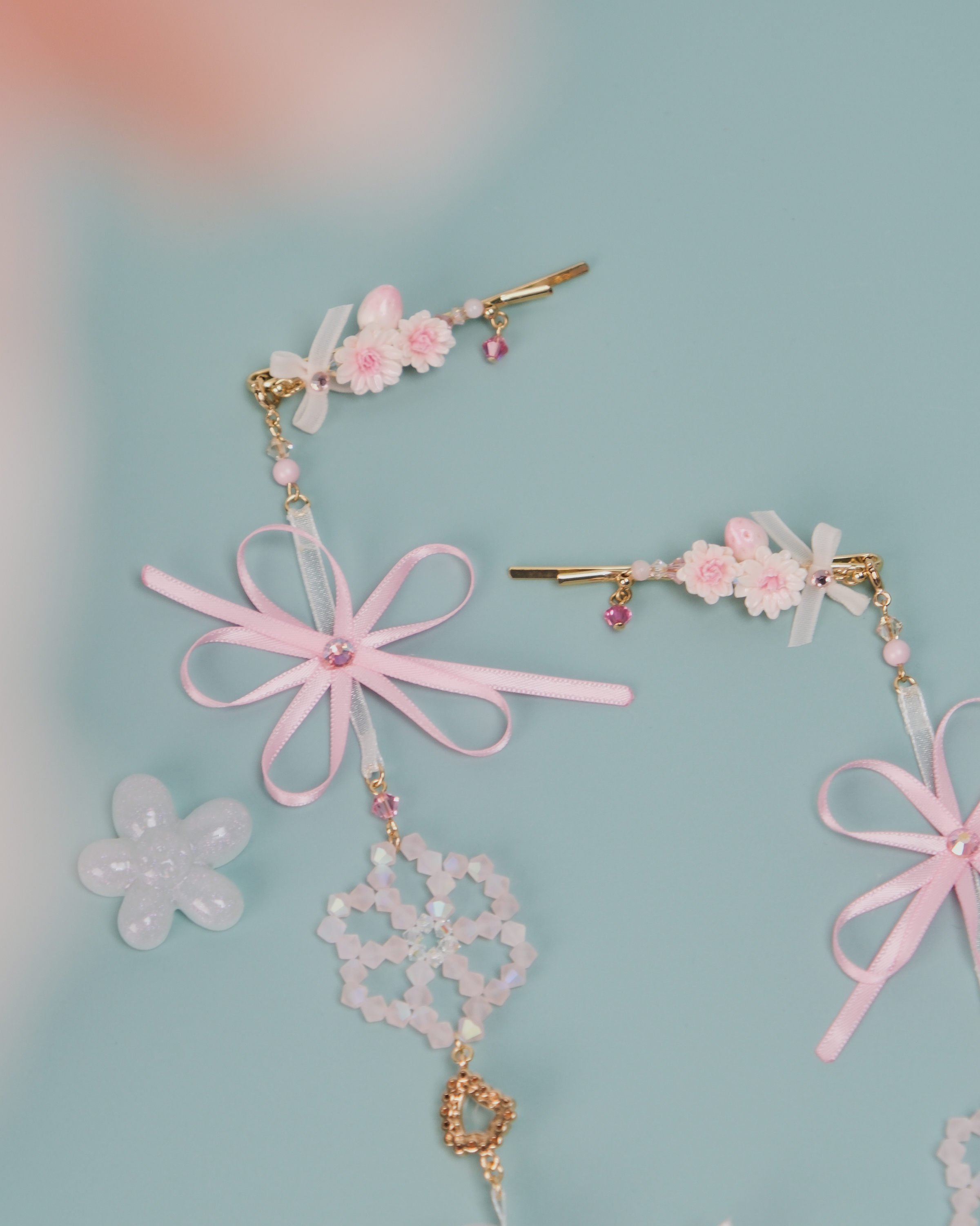 11455 Beaded Crystal Ribbon Flower 2-Way Bobby Pin Set