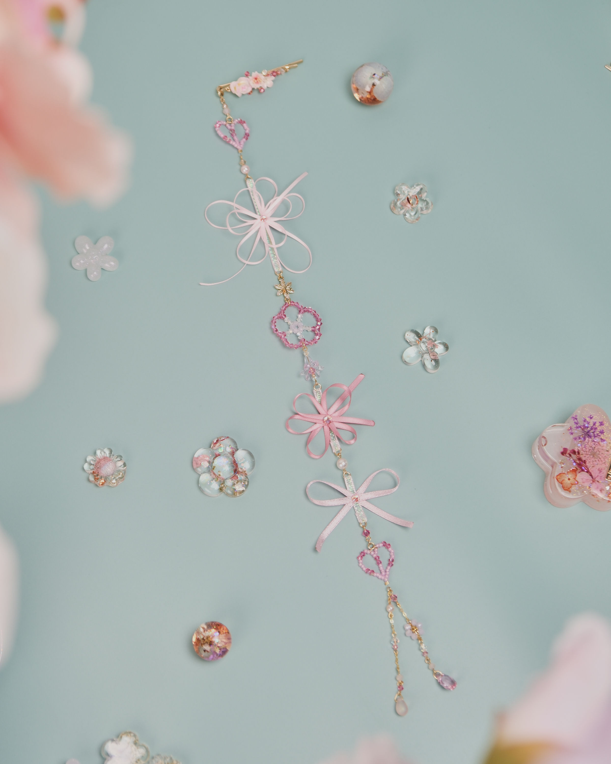 11456 水晶串珠絲帶花兩用一字夾