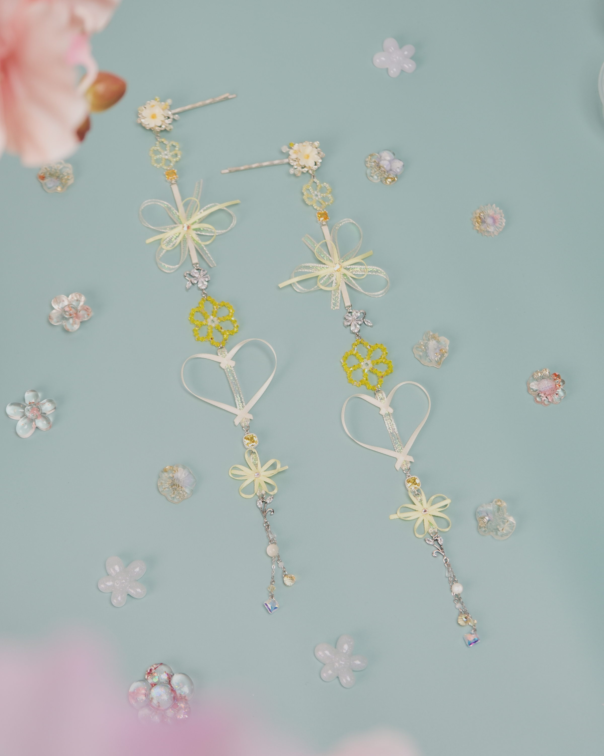 11458 Beaded Crystal Ribbon Flower 2-Way Bobby Pin Set