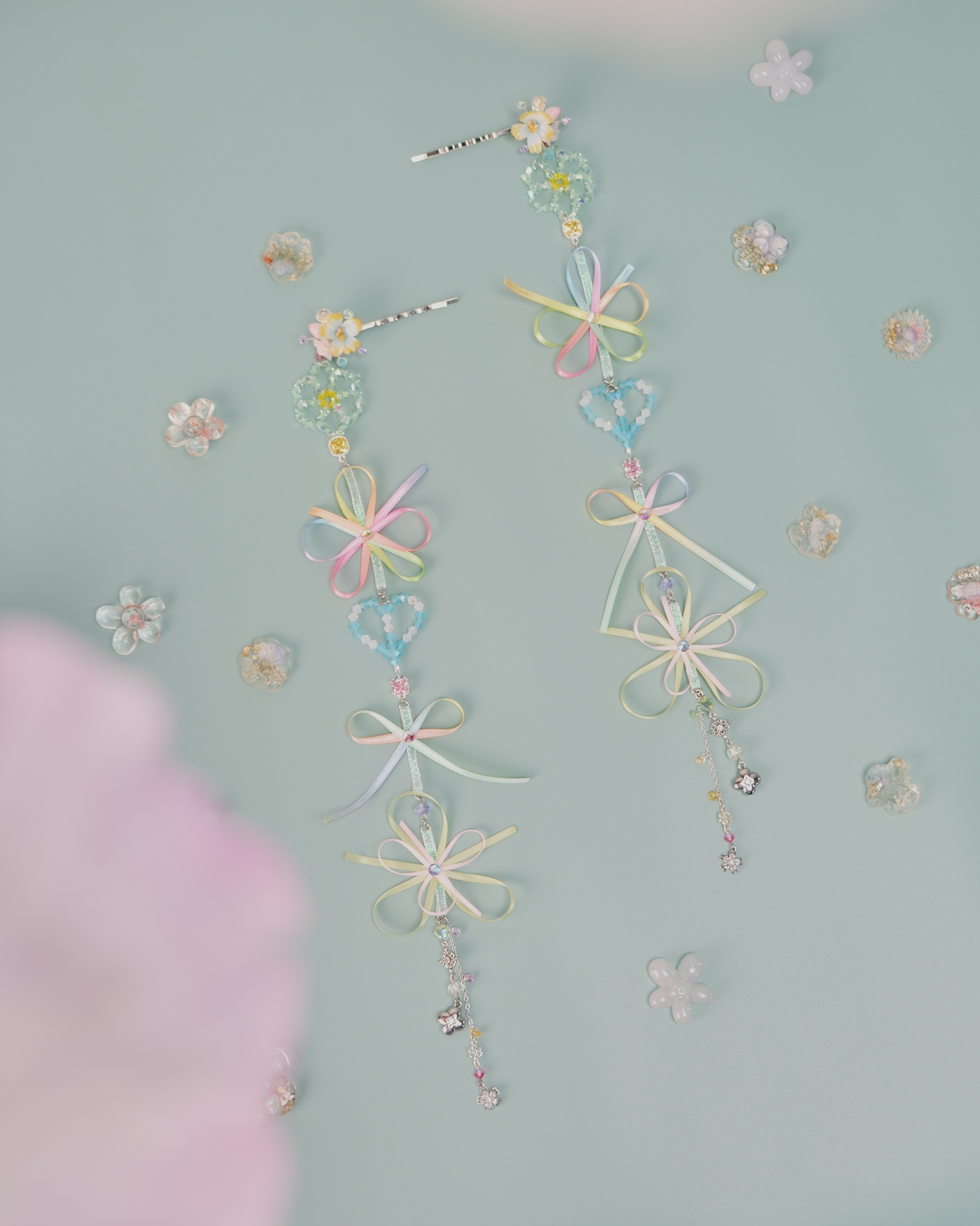 11459 Beaded Crystal Ribbon Flower 2-Way Bobby Pin Set