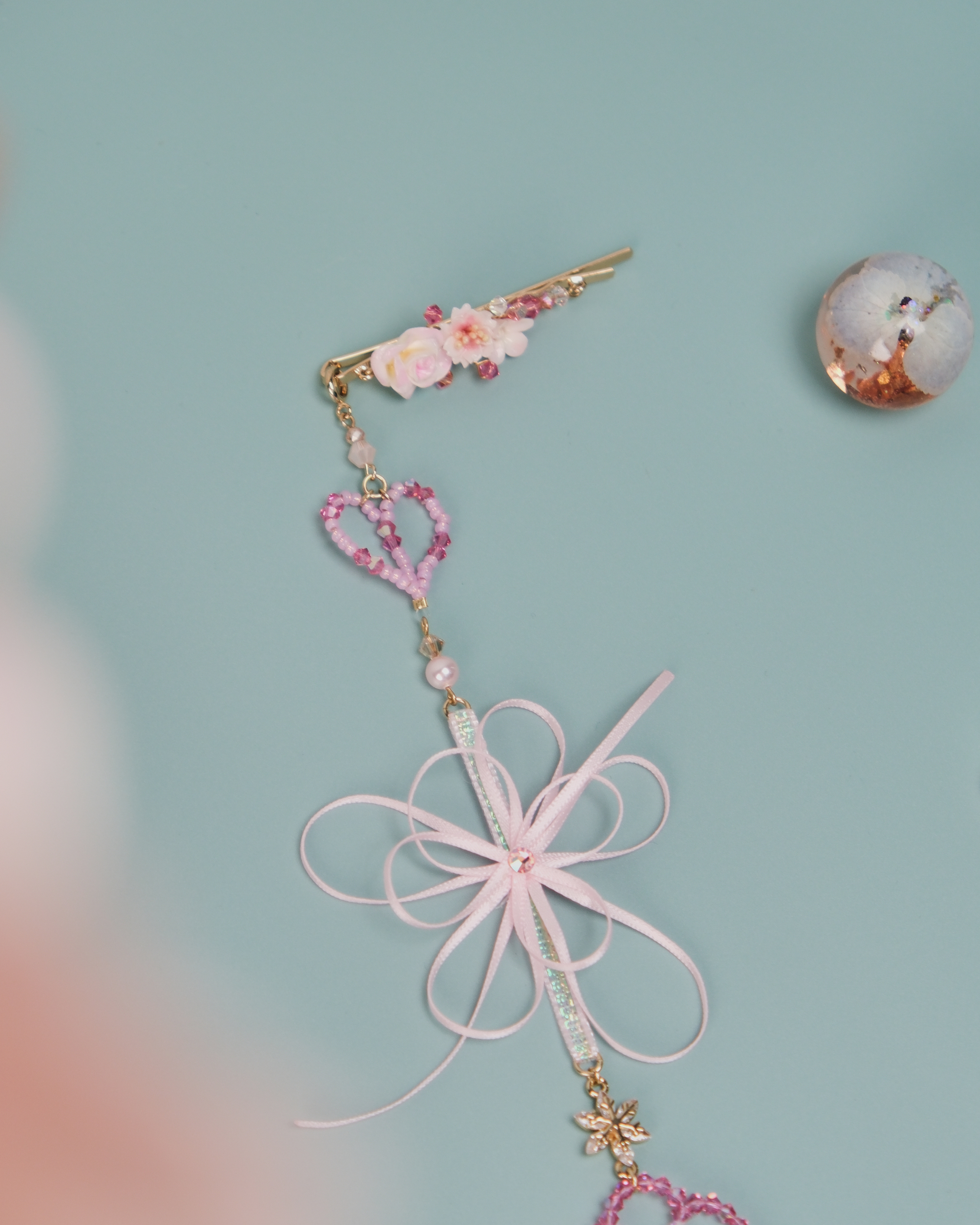 11456 水晶串珠絲帶花兩用一字夾