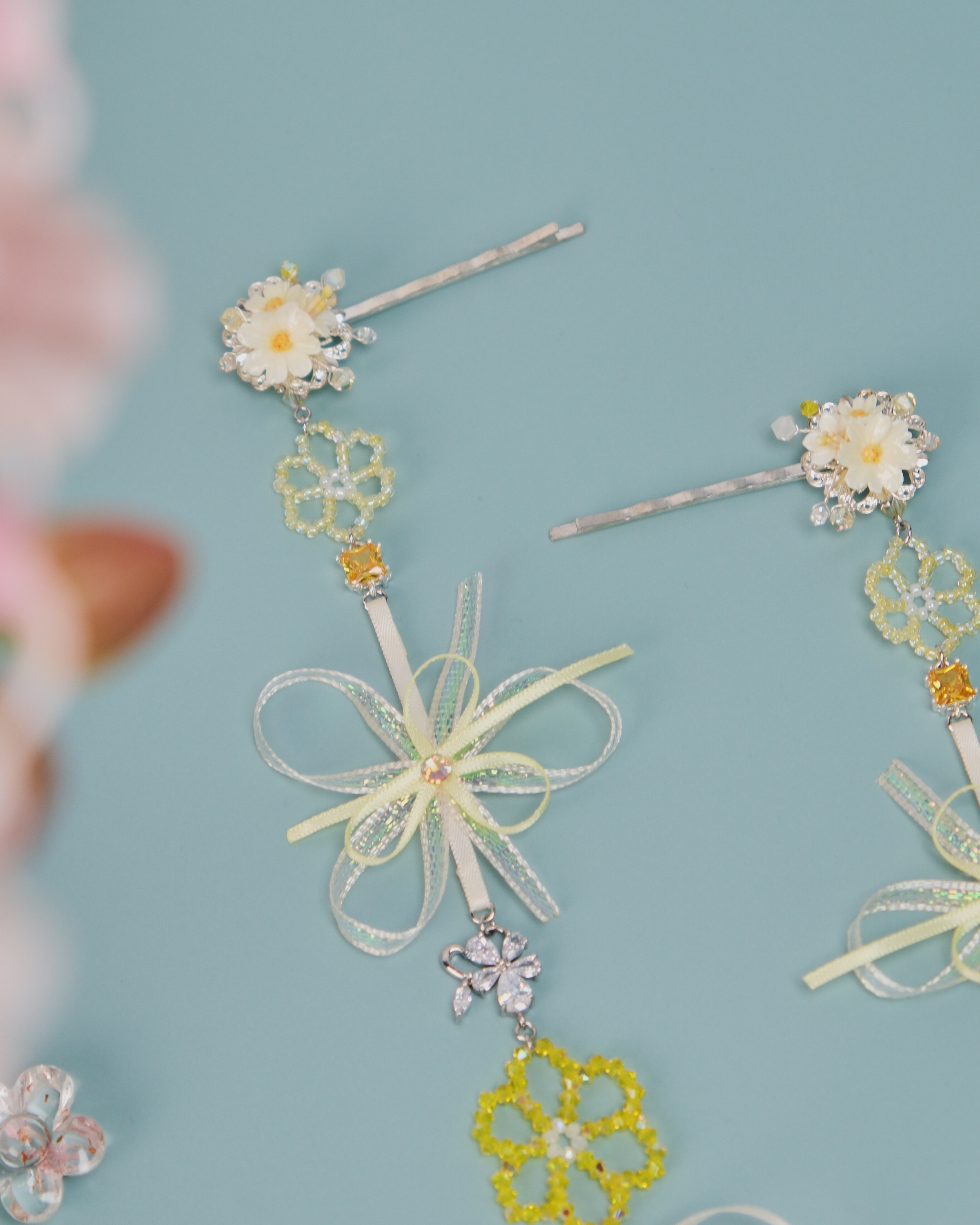 11458 Beaded Crystal Ribbon Flower 2-Way Bobby Pin Set
