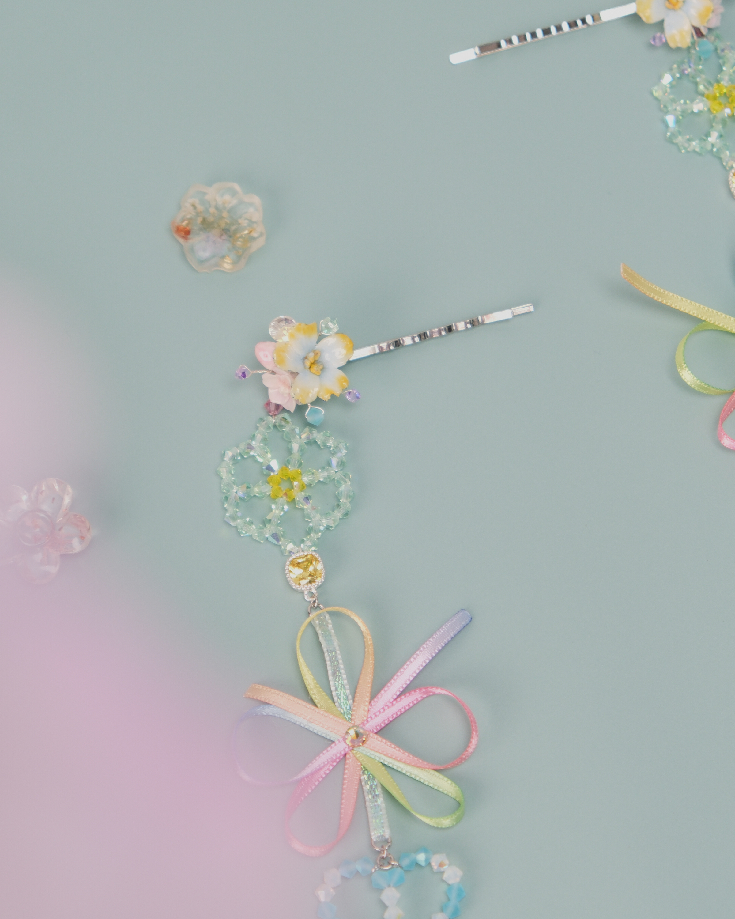 11459 Beaded Crystal Ribbon Flower 2-Way Bobby Pin Set