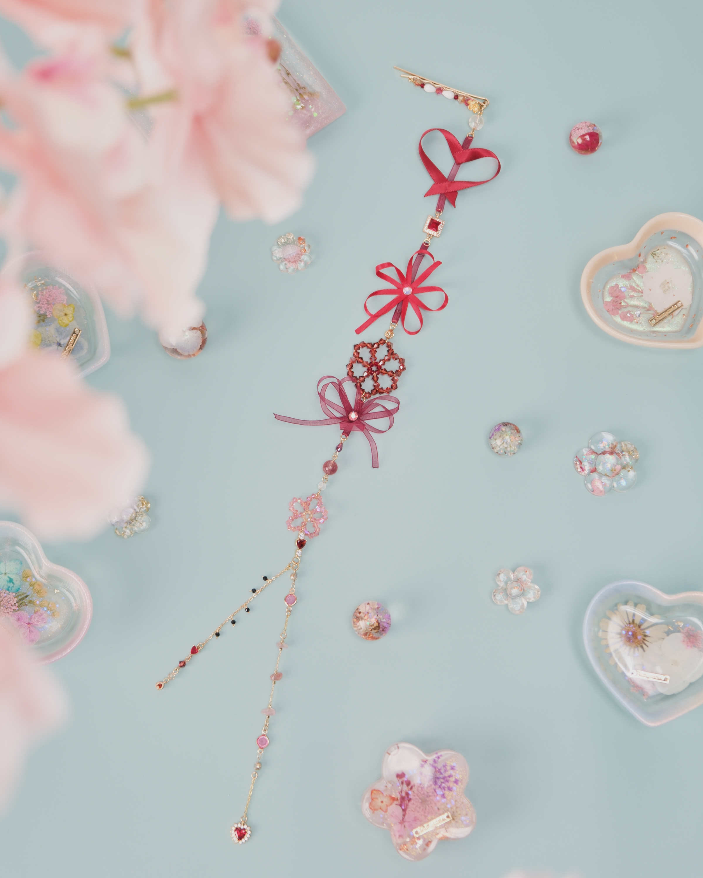 11461 Beaded Crystal Ribbon Flower 2-Way Bobby Pin