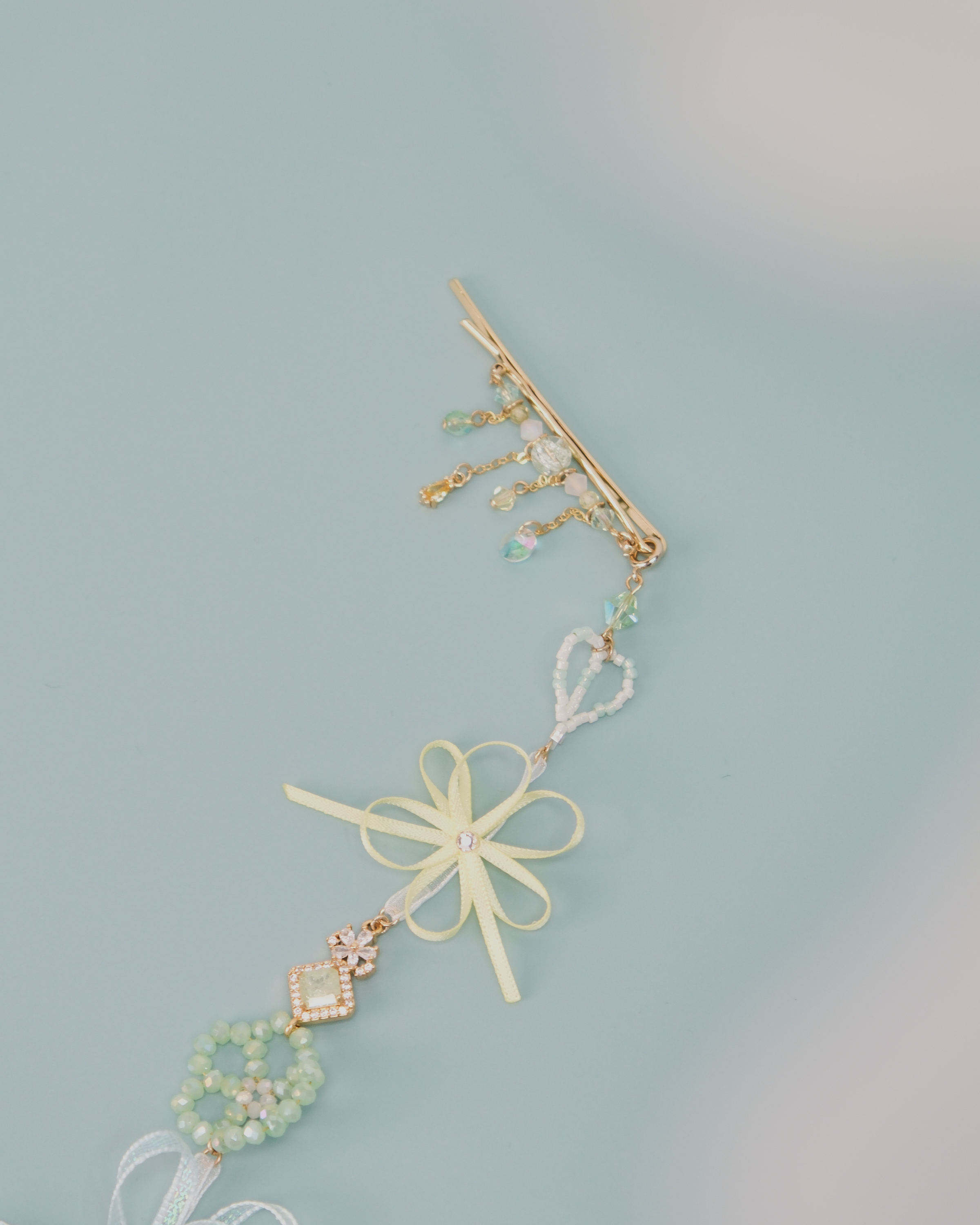 11460 Beaded Crystal Ribbon Flower 2-Way Bobby Pin