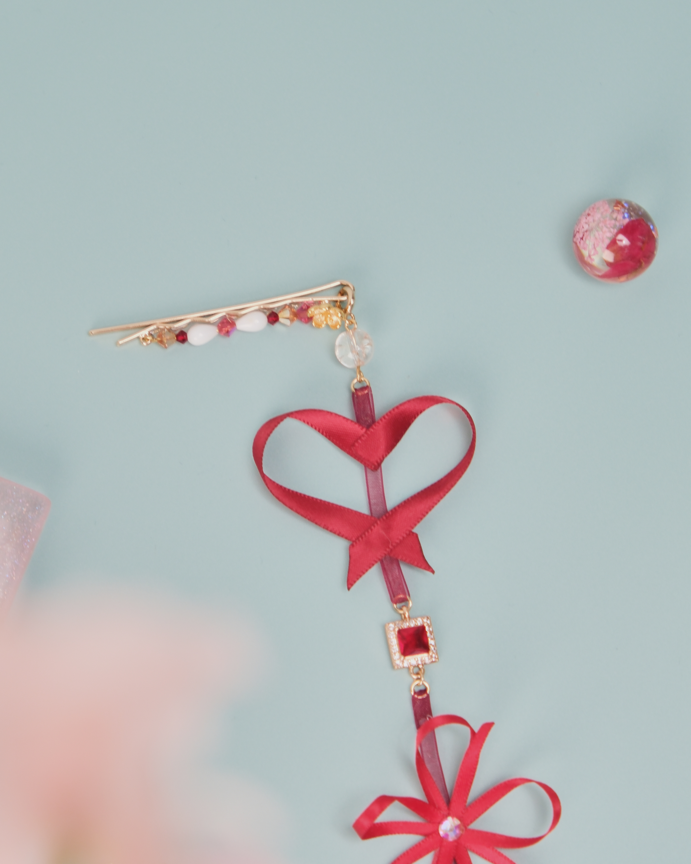 11461 Beaded Crystal Ribbon Flower 2-Way Bobby Pin