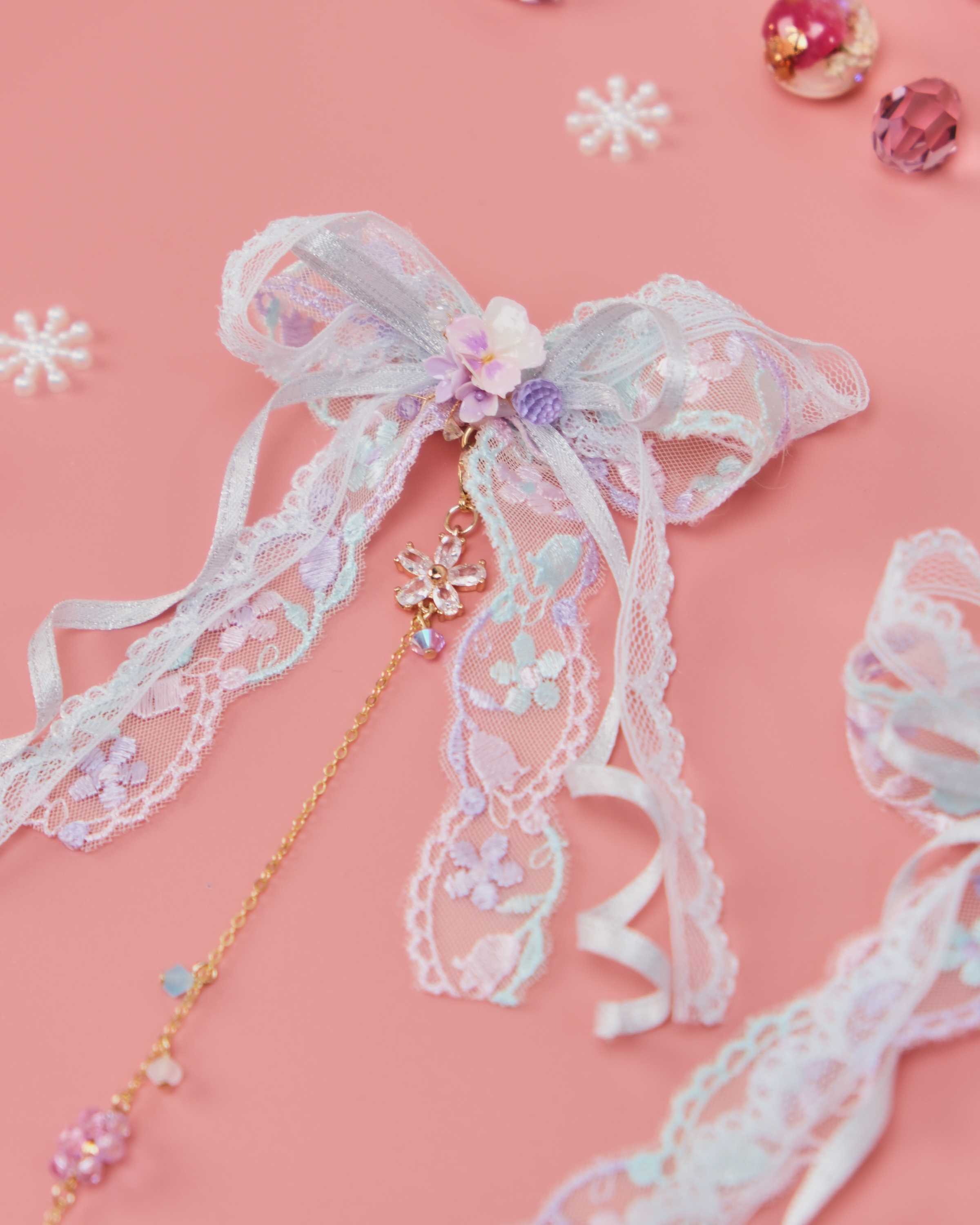 11485 Strawberry Toffee Mini Bow 2-in-1 Duckbill Clip Set with Detachable Charm Chain Special Version