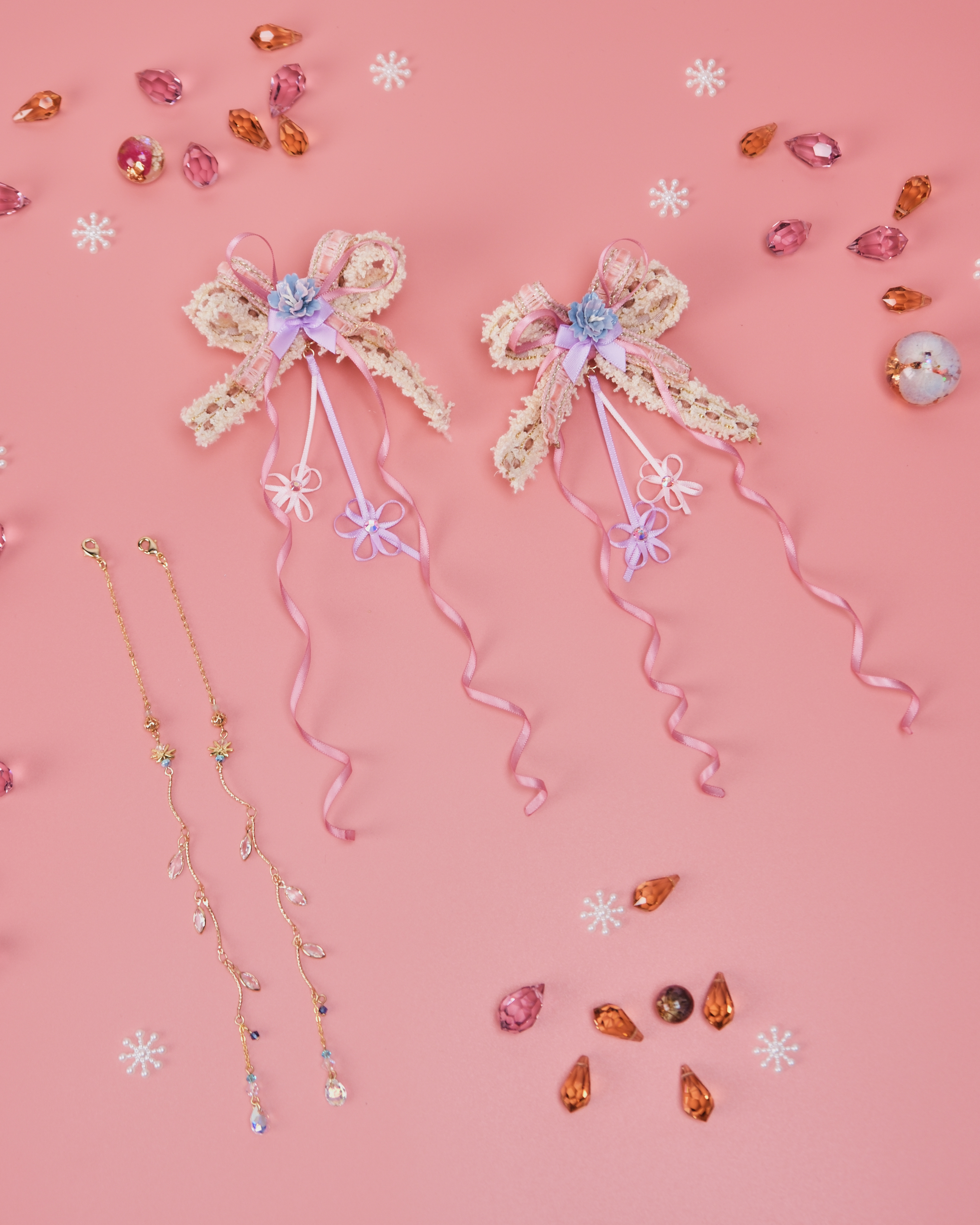 11488 Strawberry Toffee Mini Bow 2-in-1 Duckbill Clip Set with Detachable Charm Chain Special Version