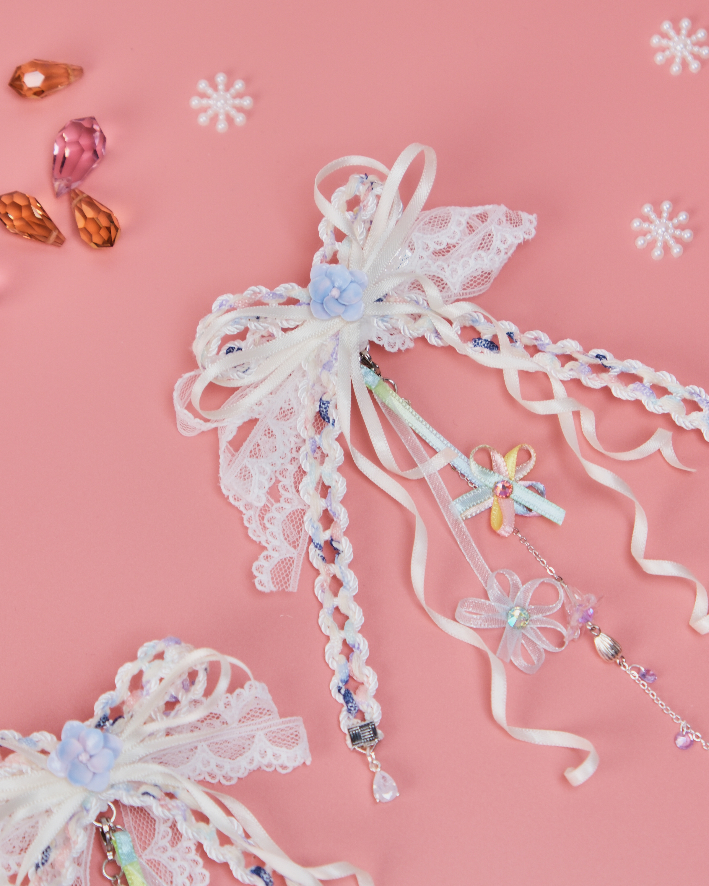 11487 Strawberry Toffee Mini Bow 2-in-1 Duckbill Clip Set with Detachable Charm Chain Special Version