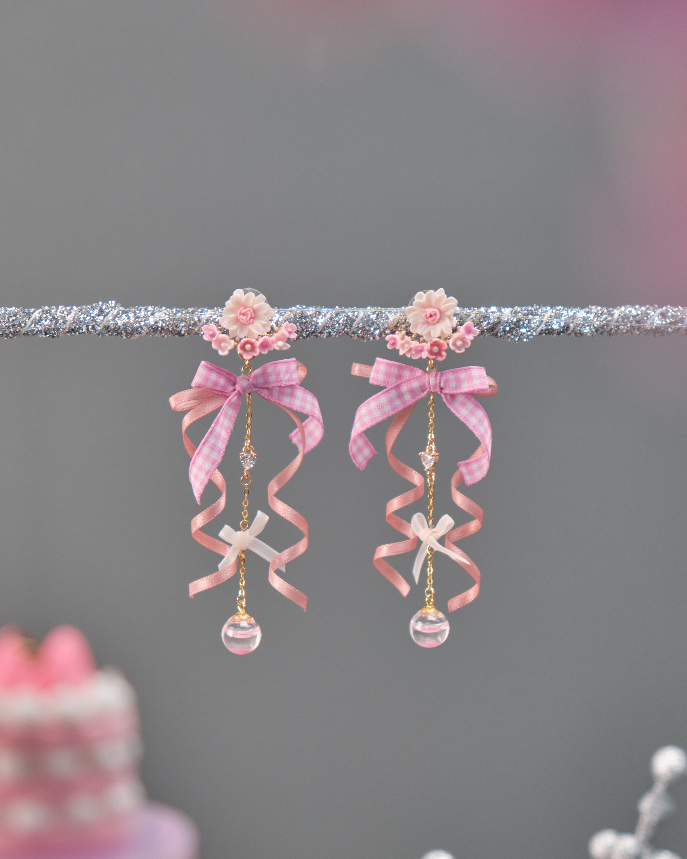 11528 迷你絲帶手棒花2合1 S925耳環