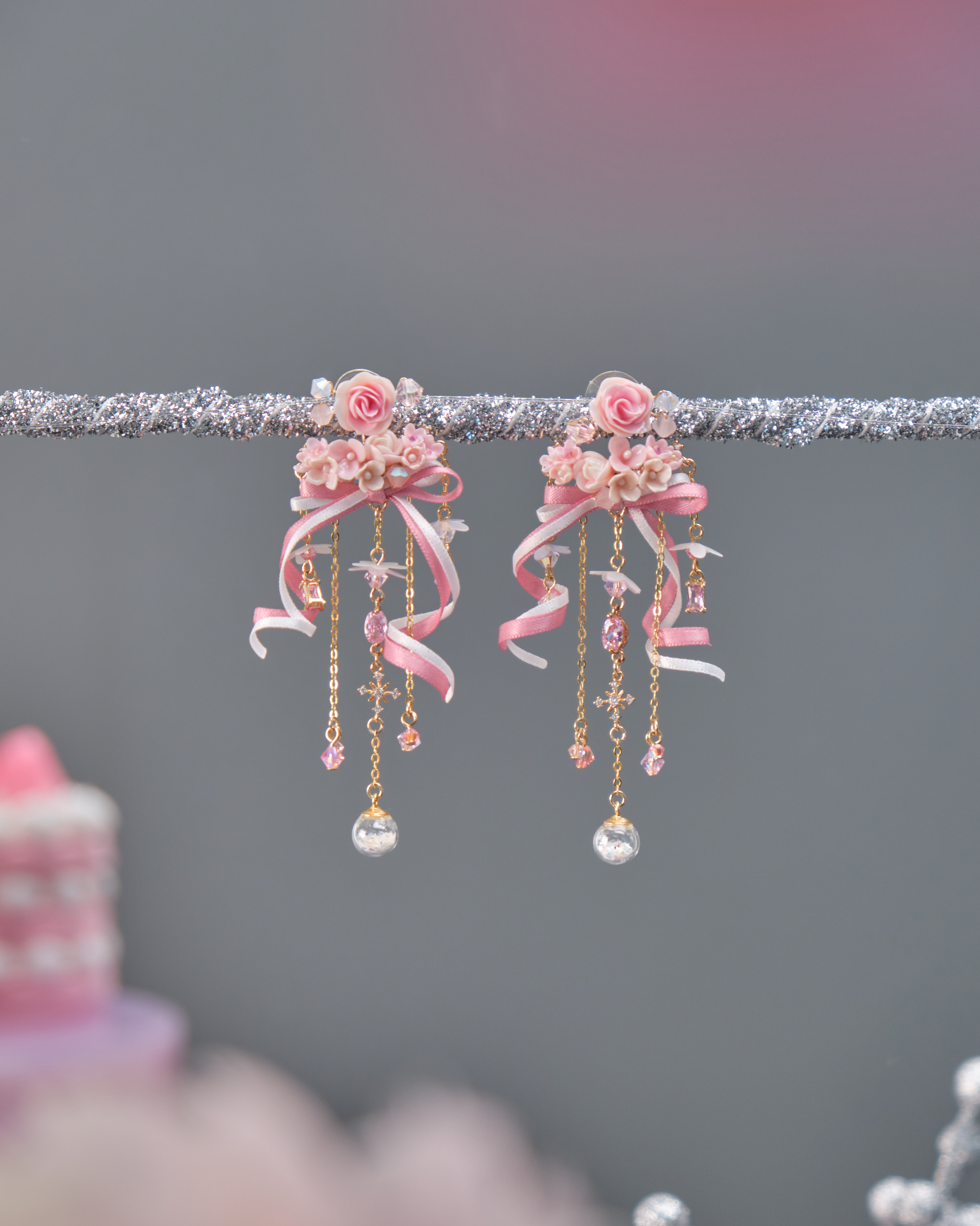 11529 迷你絲帶手棒花2合1 S925耳環