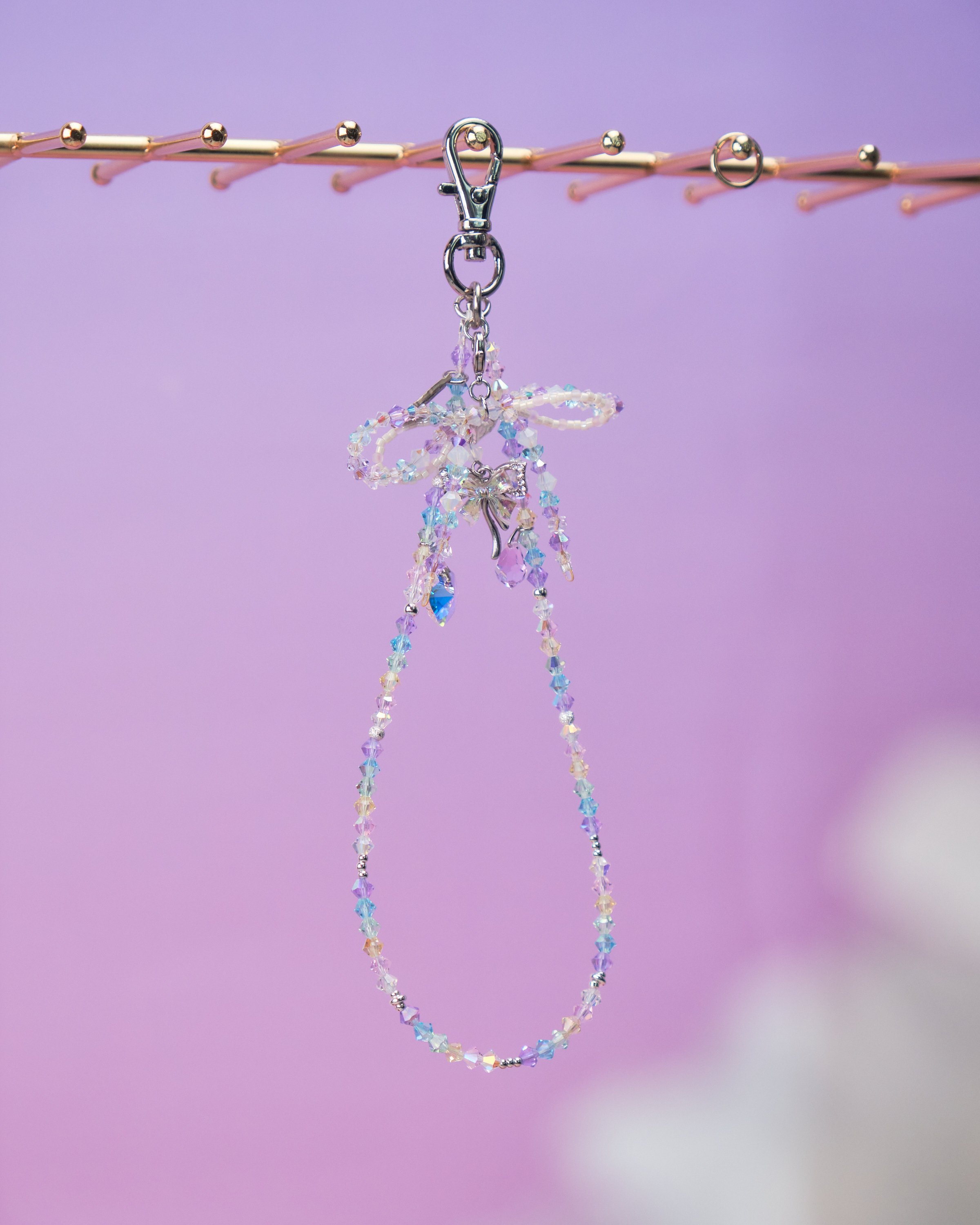 11589 水晶短手機鏈配可拆式珠仔蝴蝶結吊墜