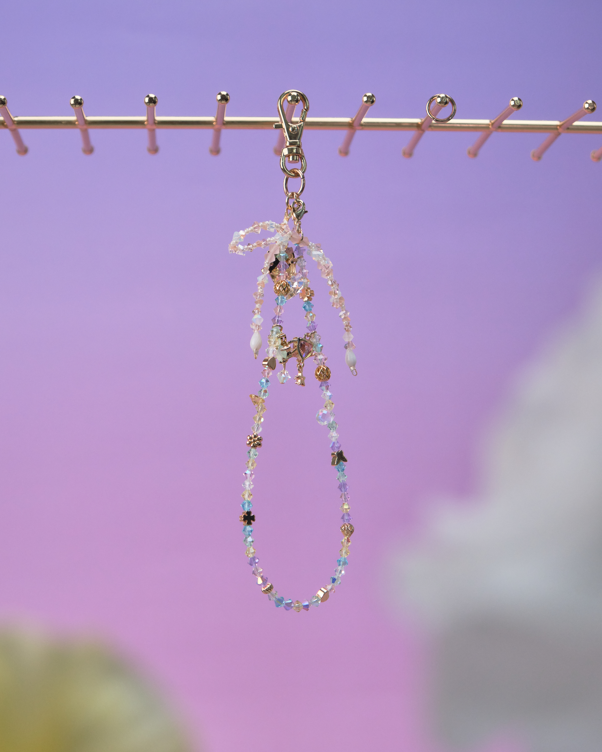 11587 水晶短手機鏈配可拆式珠仔蝴蝶結吊墜