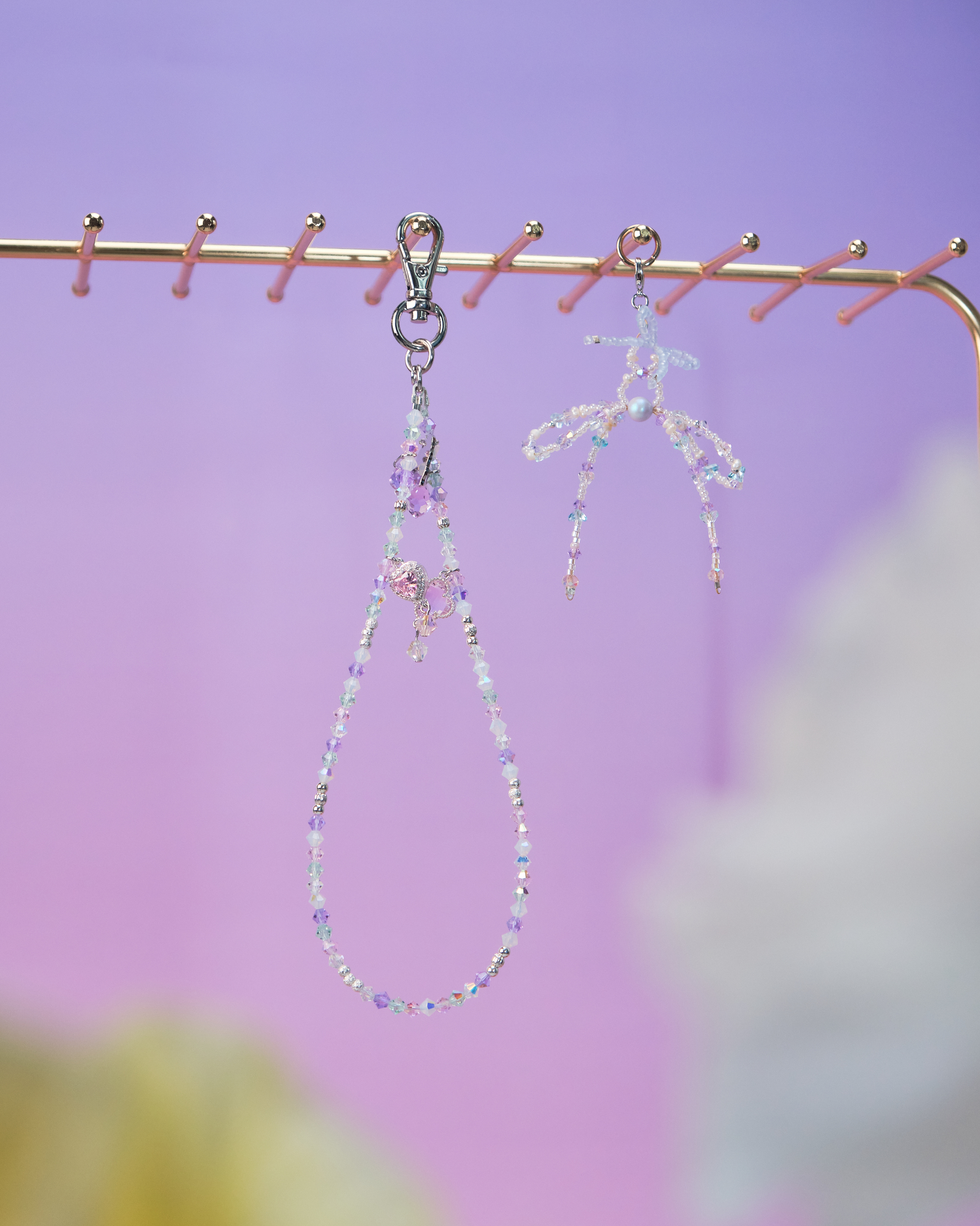 11590 水晶短手機鏈配可拆式珠仔蝴蝶結吊墜