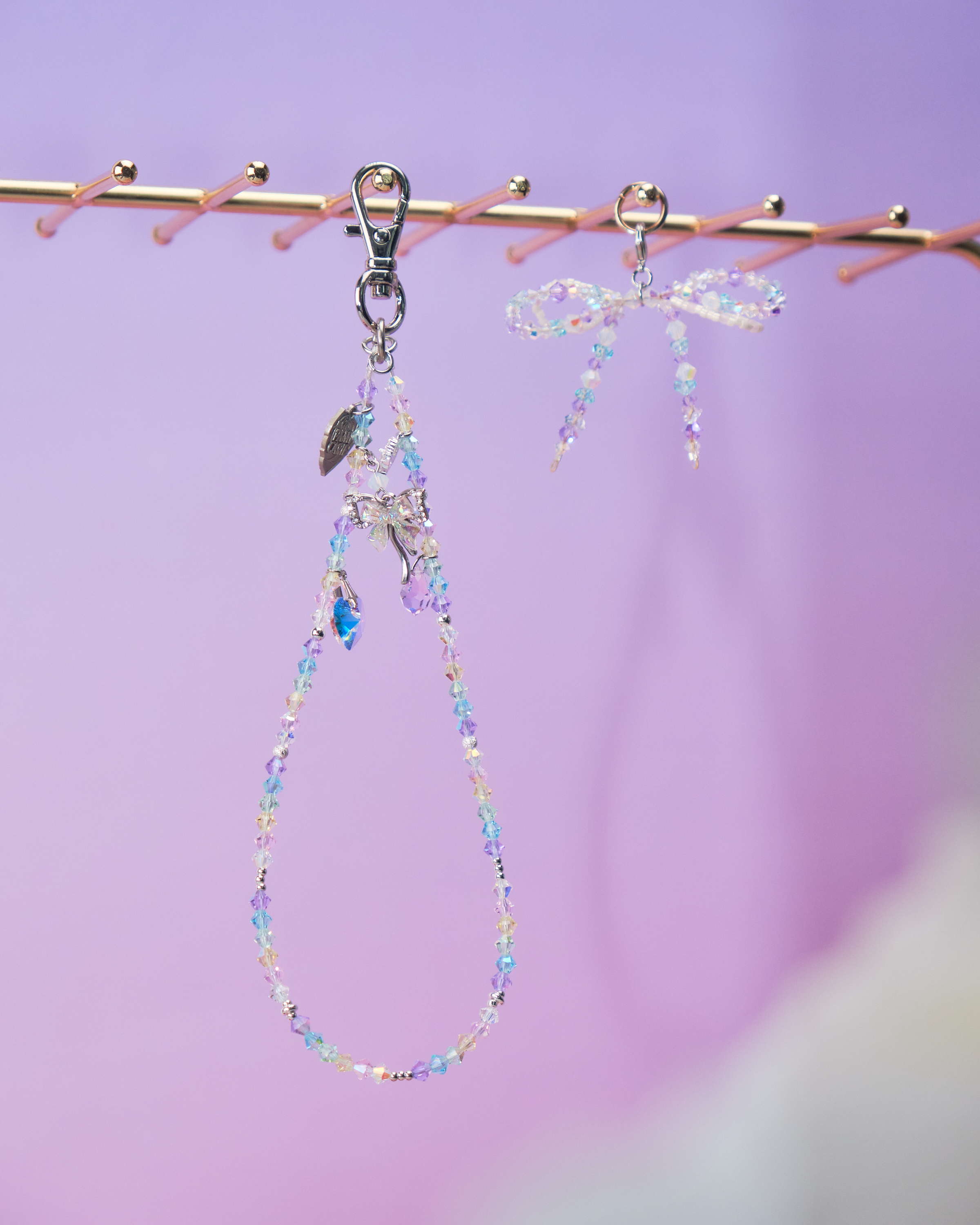 11589 水晶短手機鏈配可拆式珠仔蝴蝶結吊墜