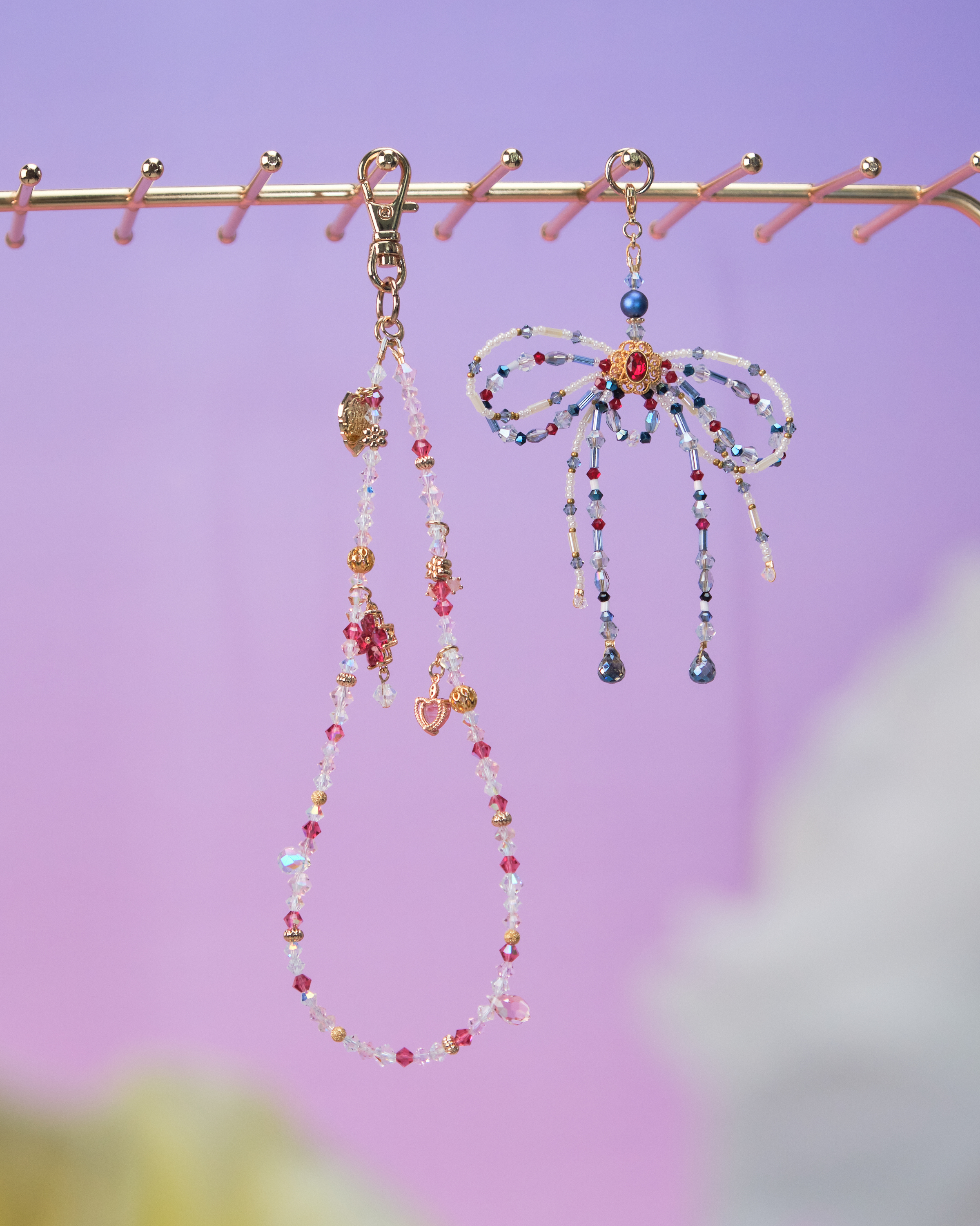 11588 水晶短手機鏈配可拆式珠仔蝴蝶結吊墜