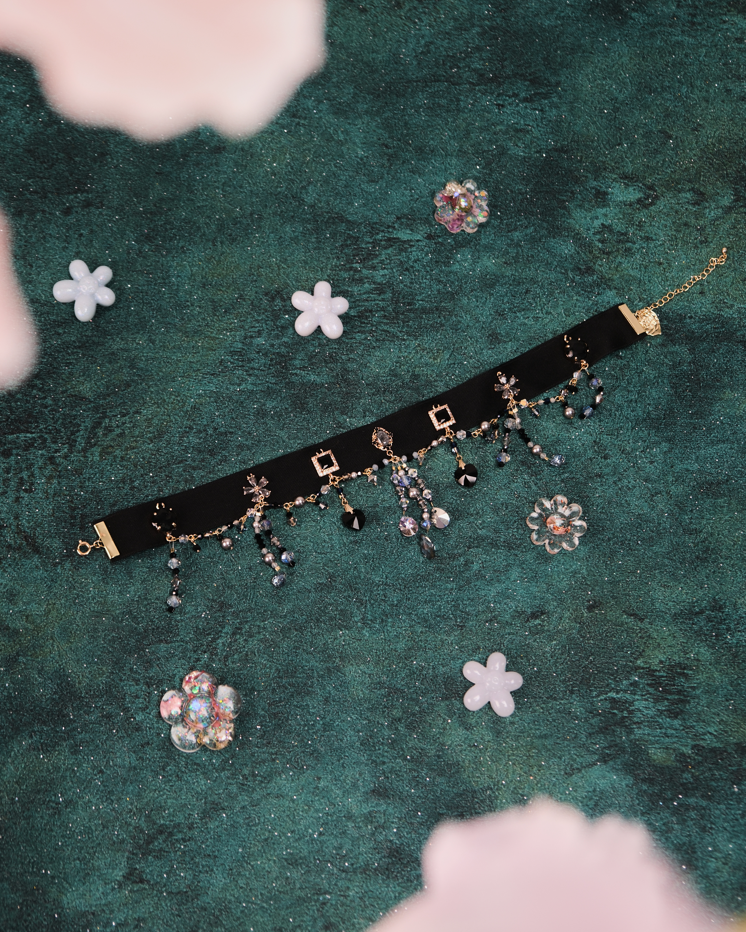 11427 宮廷風水晶流蘇絲帶短項鏈