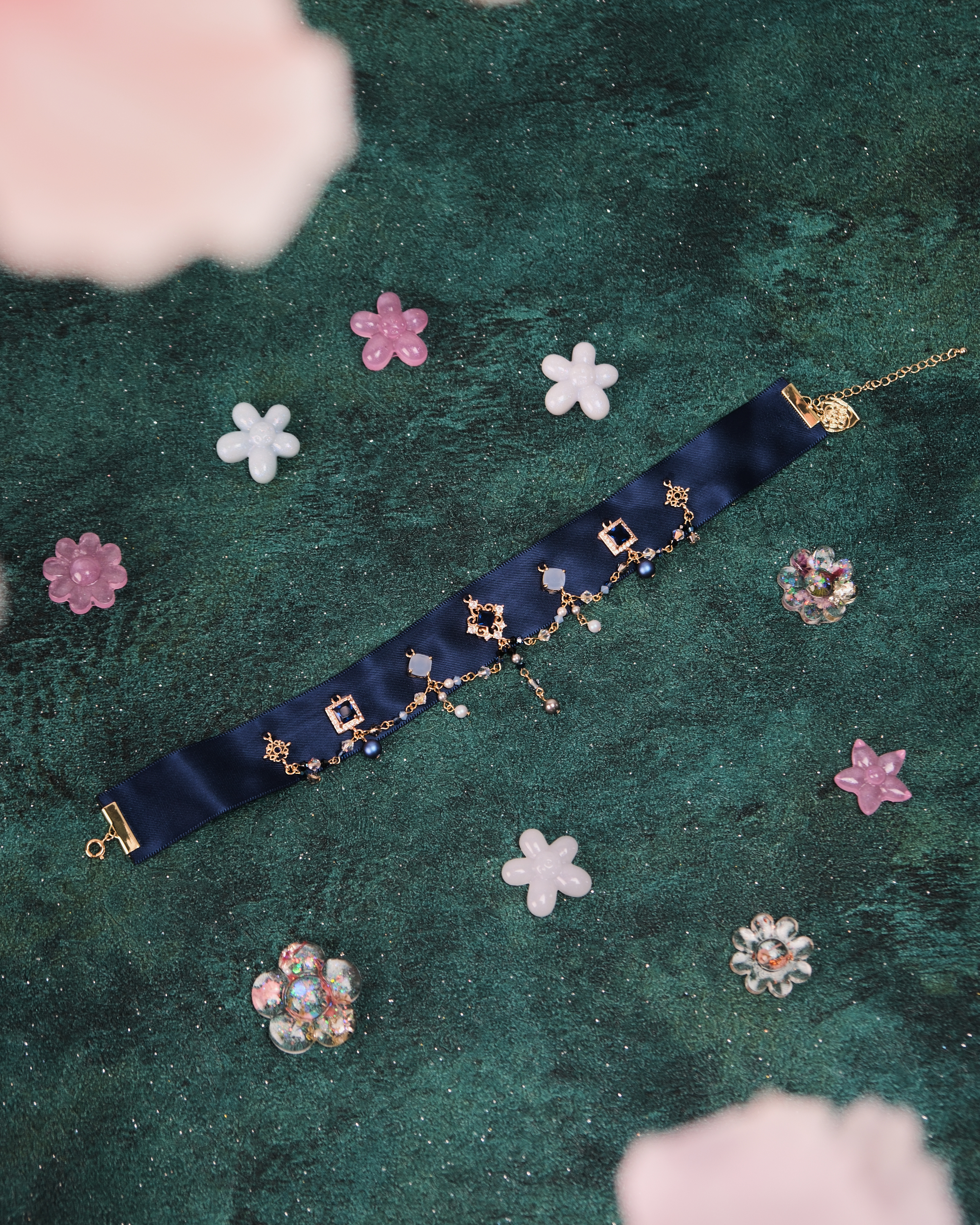 11428 宮廷風水晶流蘇絲帶短項鏈