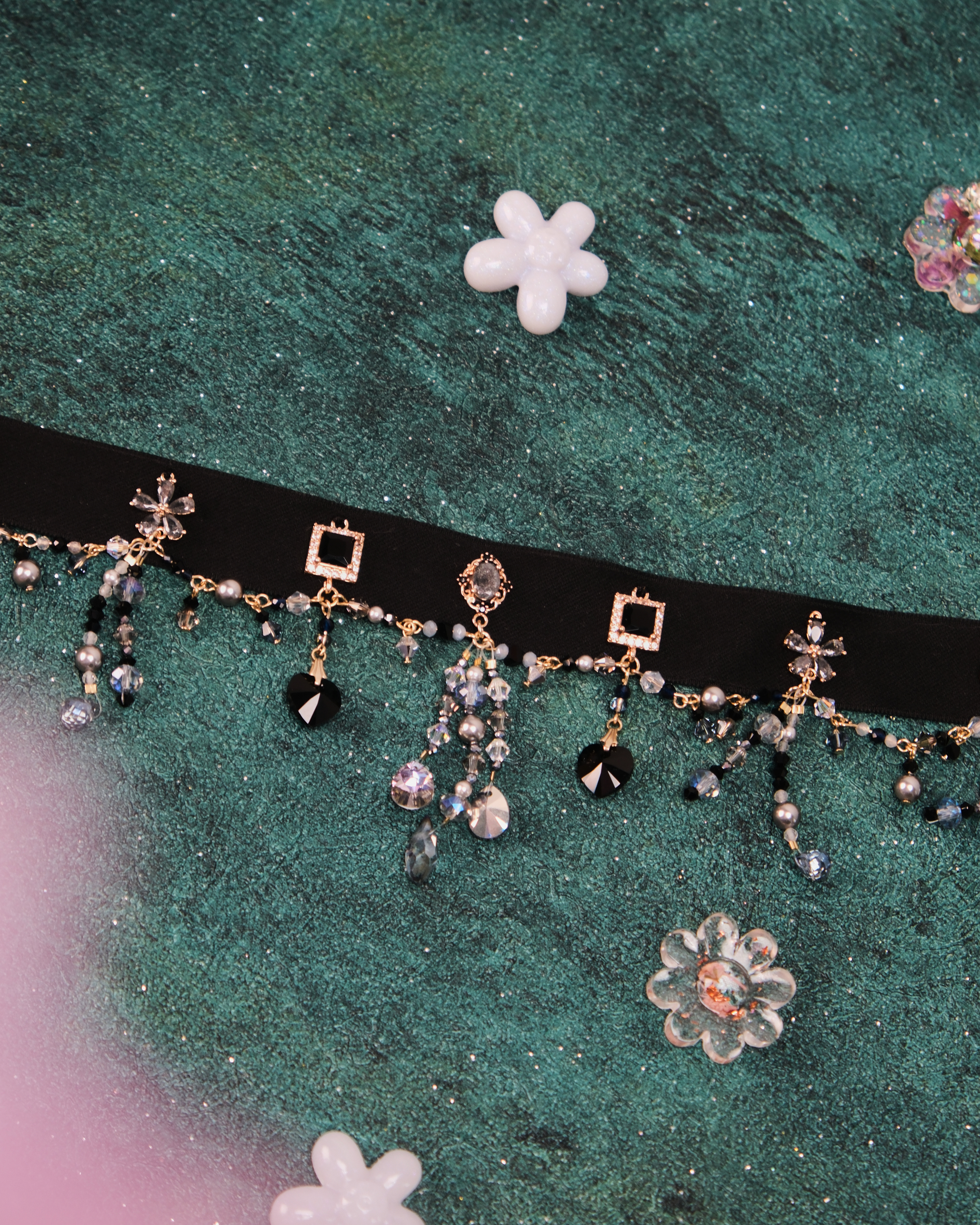 11427 宮廷風水晶流蘇絲帶短項鏈