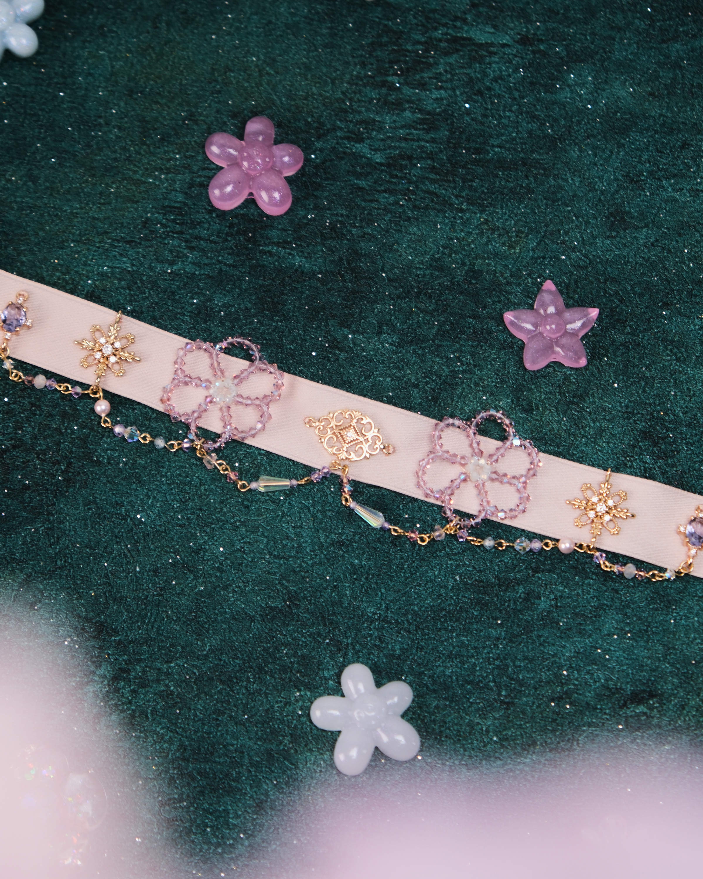 11426 宮廷風水晶流蘇絲帶短項鏈