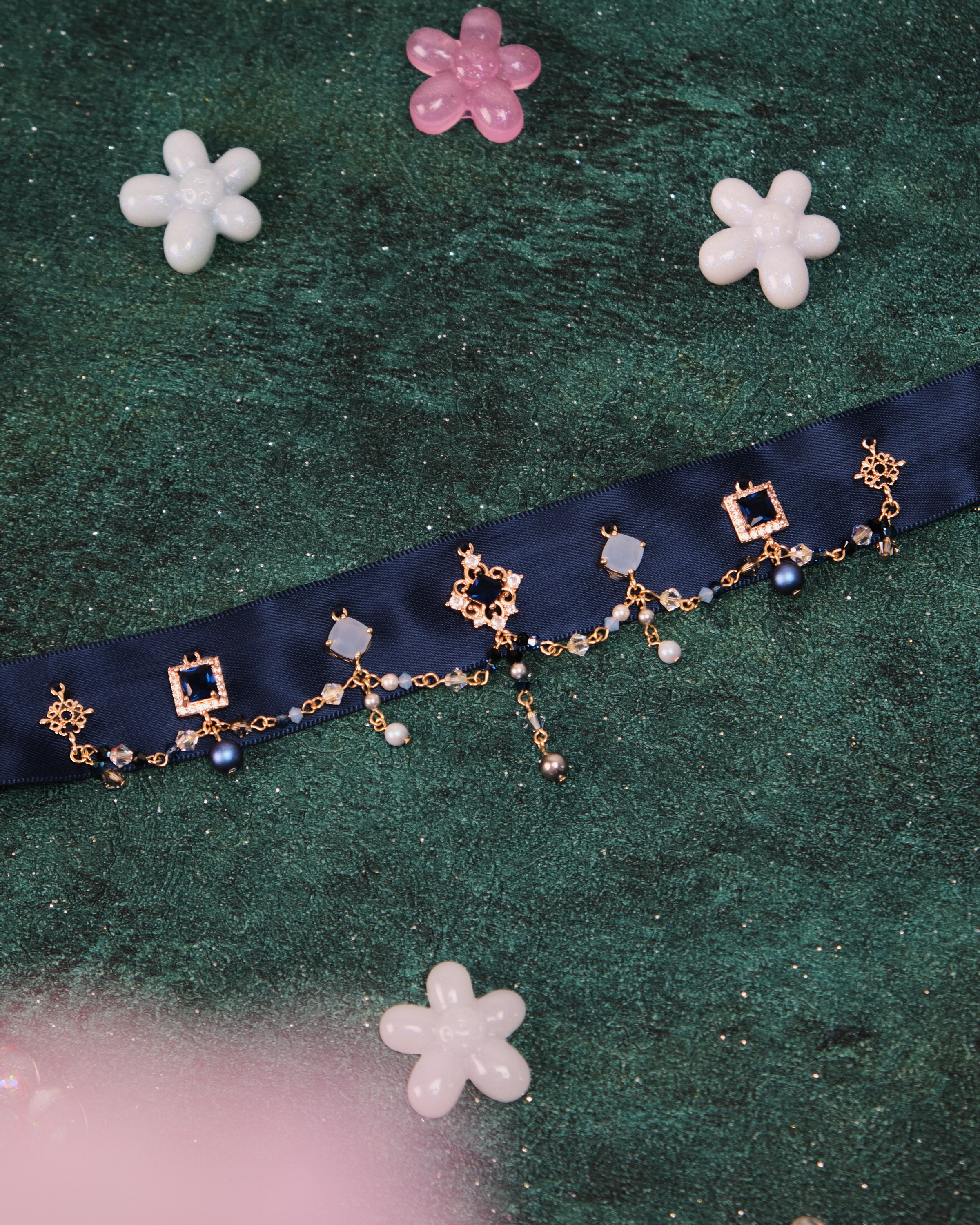 11428 宮廷風水晶流蘇絲帶短項鏈