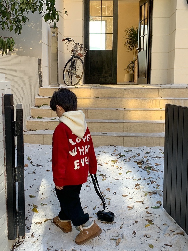 大笑臉紅色保暖針織拉鍊外套