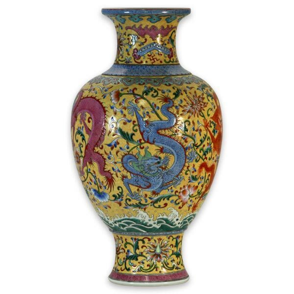 鹿港窯|手工粉彩扒花觀音瓷瓶|纏枝花卉五龍圖紋|開運居家收藏精品