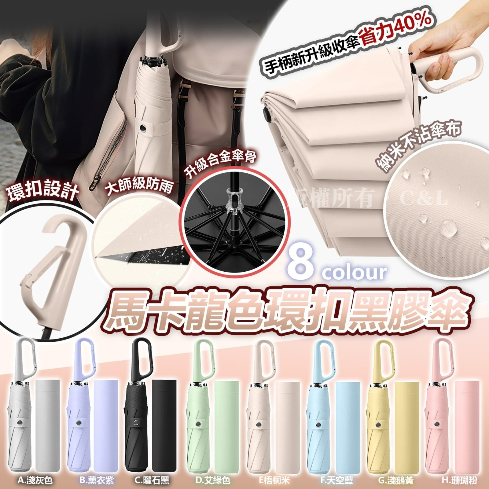 馬卡龍色環扣黑膠傘