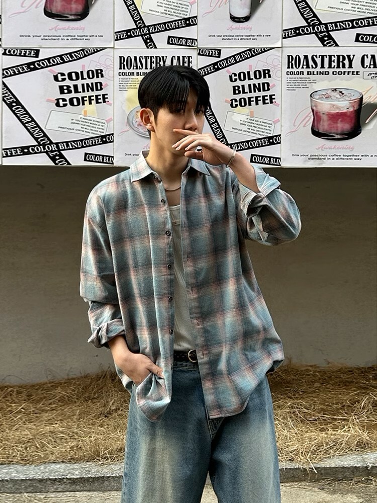 SIMPLEACTION 復古撞色格子長袖襯衫