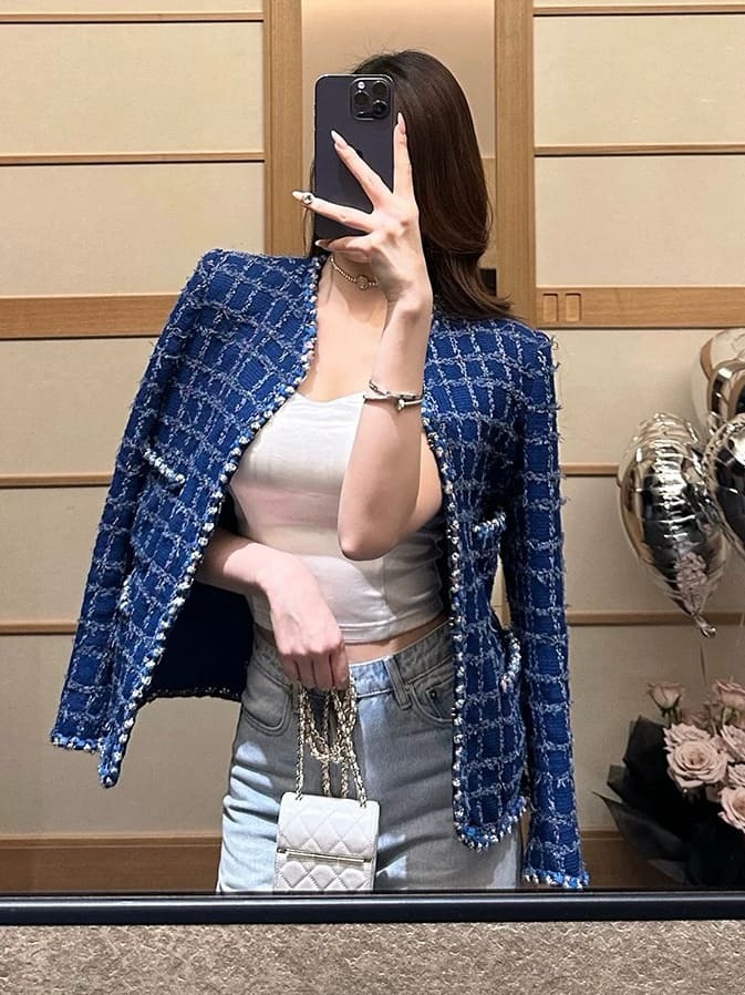 王一博同款法式編織粗花呢小香風外套（寶藍色S/M）