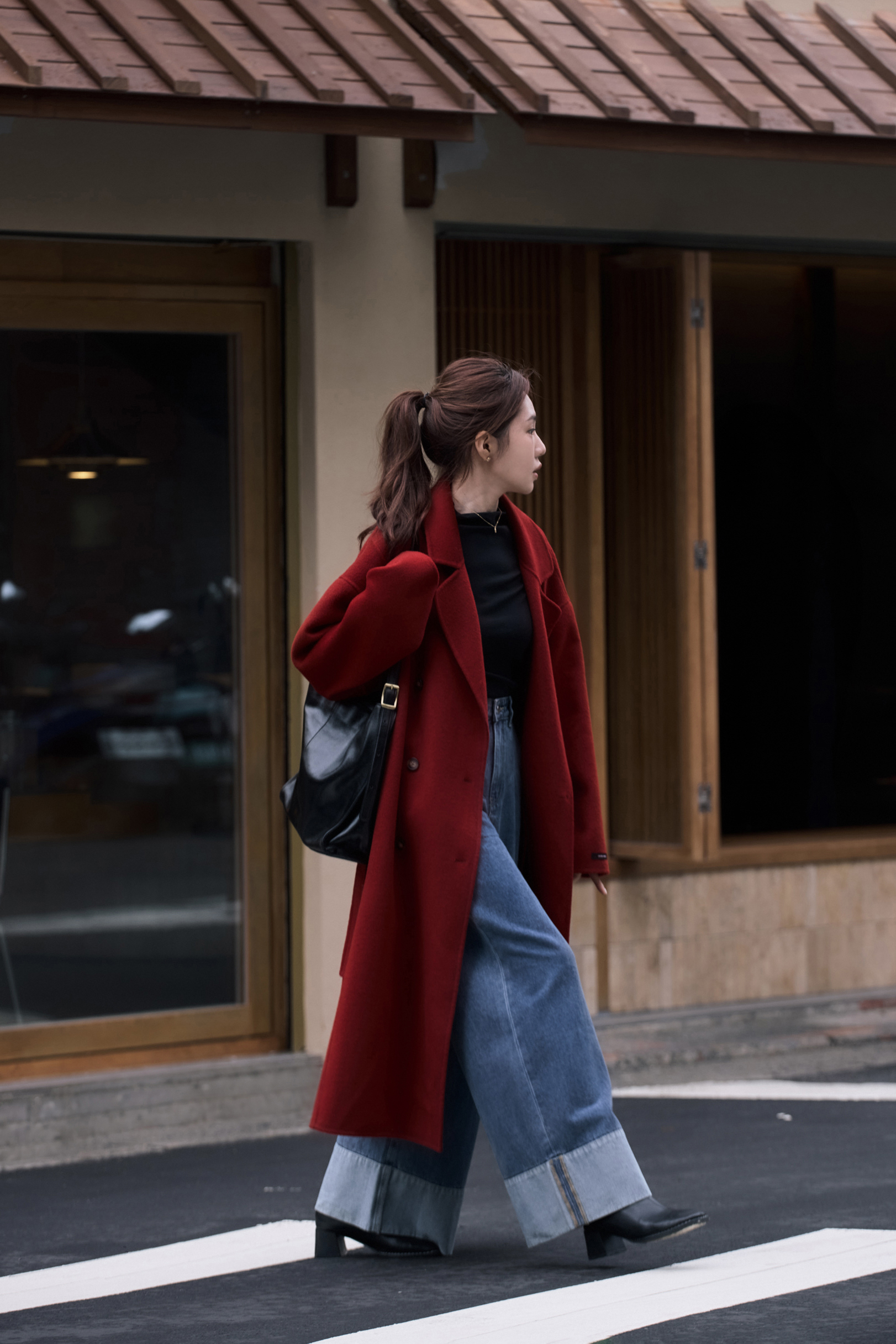 guten made/100％羊毛 長版細節落肩手工大衣-紅