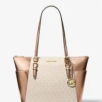 [S] MICHAEL KORS 35F4GCFT3V CHARLOTTE LARGE SIGNATURE LOGO AND METALLIC TOP-ZIP TOTE BAG,ROSE GOLD, 197853077072 (SMK1074)