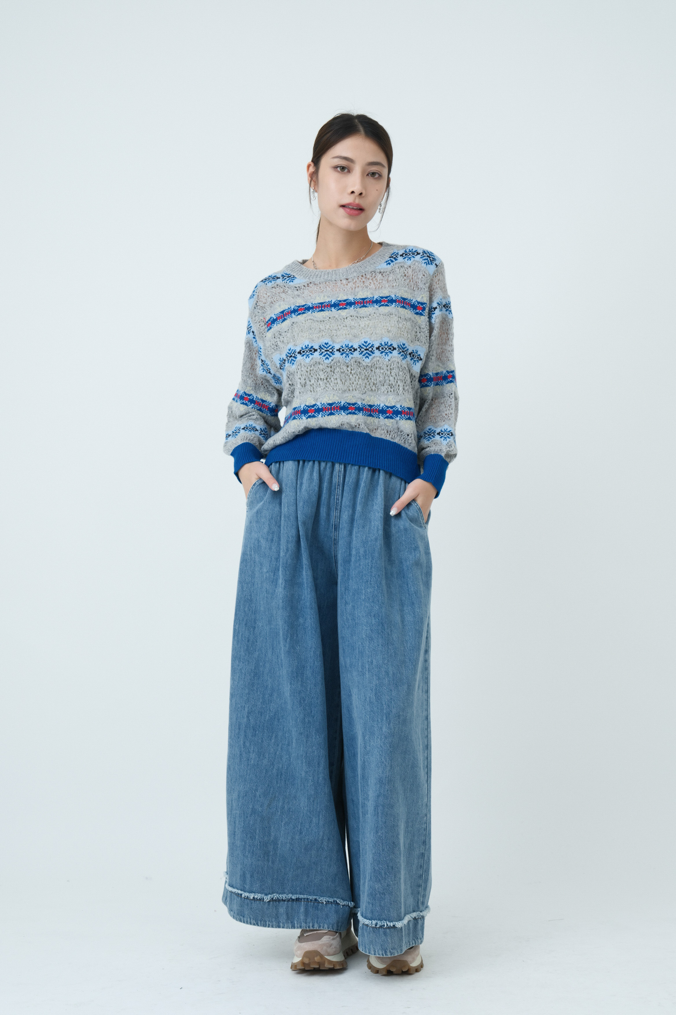 披邊腳級牛仔闊裙褲  (現貨款式）