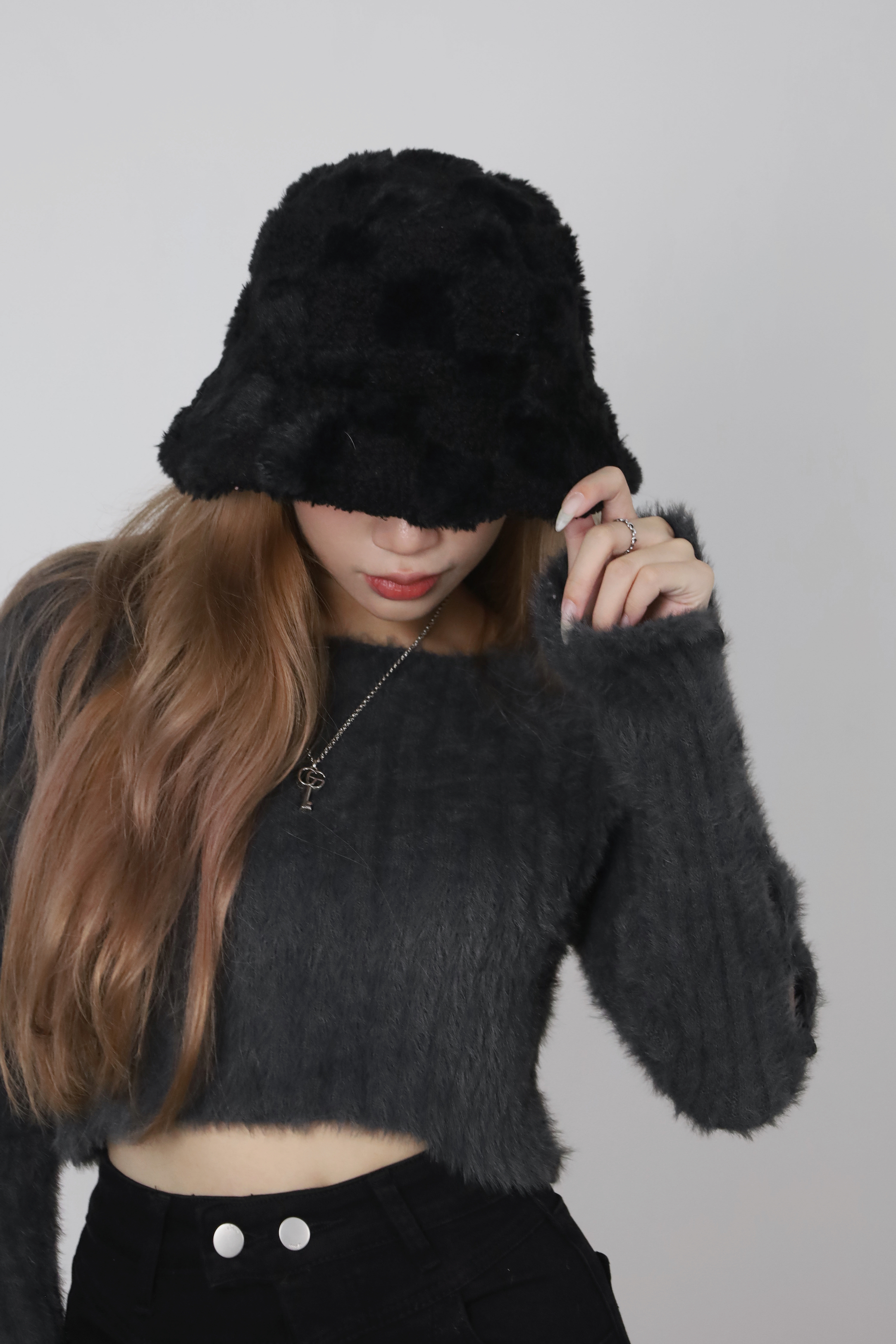 格紋毛毛漁夫帽